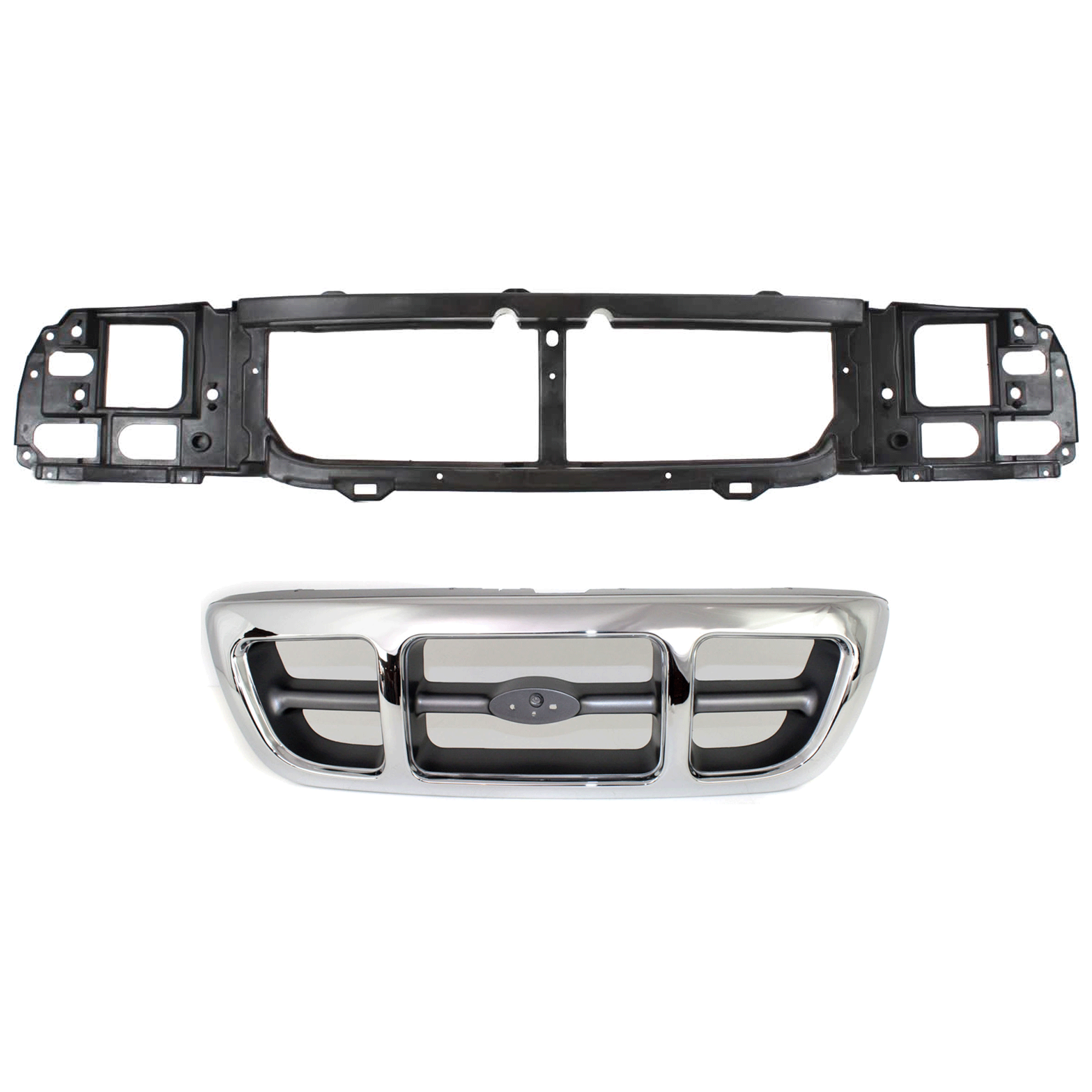 AM RANGER 98-00 HEADER PANEL 2 pc Kit Thermoplastic and Fiberglass 4WD includes Grille Assembly SKU KIT 090925-24 Partslink FO1200341 OEM F87Z8200KAA