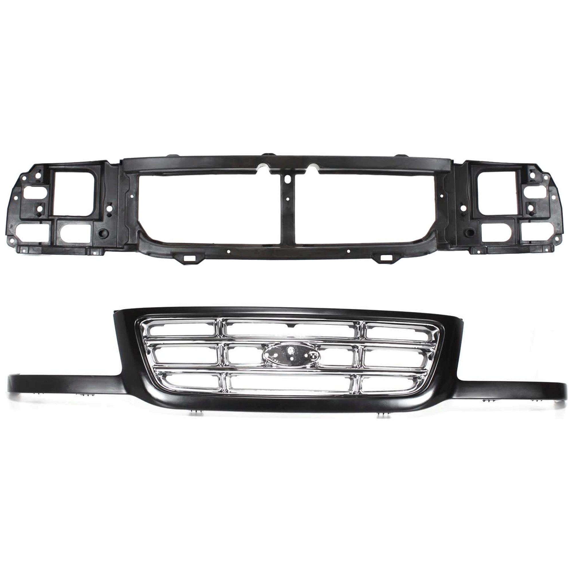 AM RANGER 01-03 HEADER PANEL 2 pc Kit Thermoplastic and Fiberglass includes Grille Assembly SKU KIT 090925-26 Partslink FO1200394 OEM 3L5Z8200CA