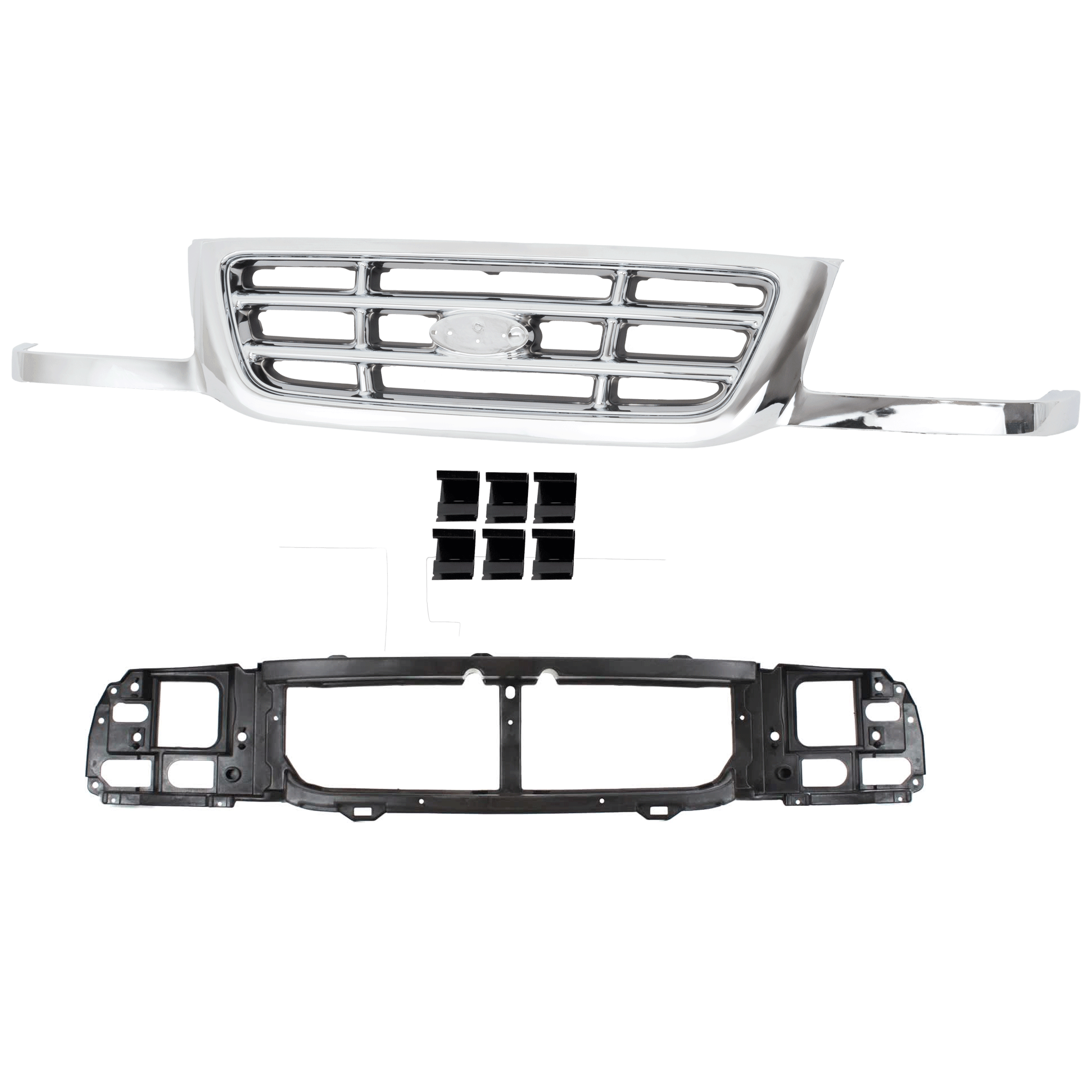 AM RANGER 01-03 HEADER PANEL 2 pc Kit Thermoplastic and Fiberglass includes Grille Assembly SKU KIT 090925-27 Partslink FO1200443 OEM 1L5Z8200