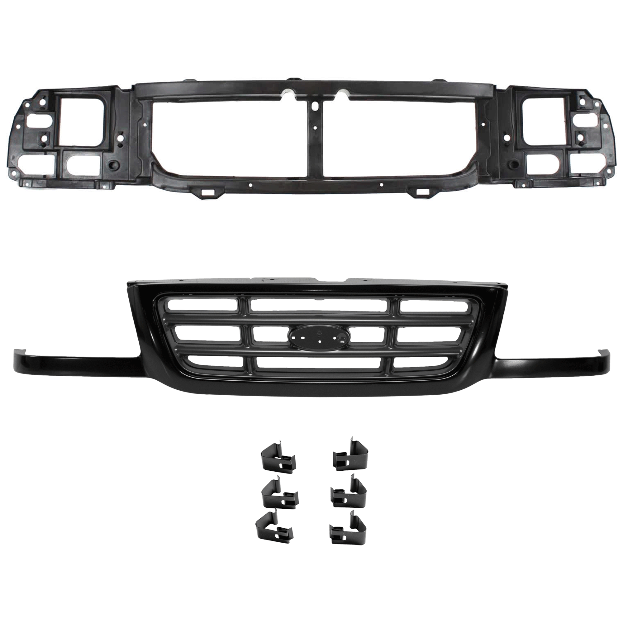AM RANGER 01-03 HEADER PANEL 2 pc Kit Thermoplastic and Fiberglass includes Grille Assembly SKU KIT 090925-28 Partslink FO1200393 OEM 3L5Z8200AA