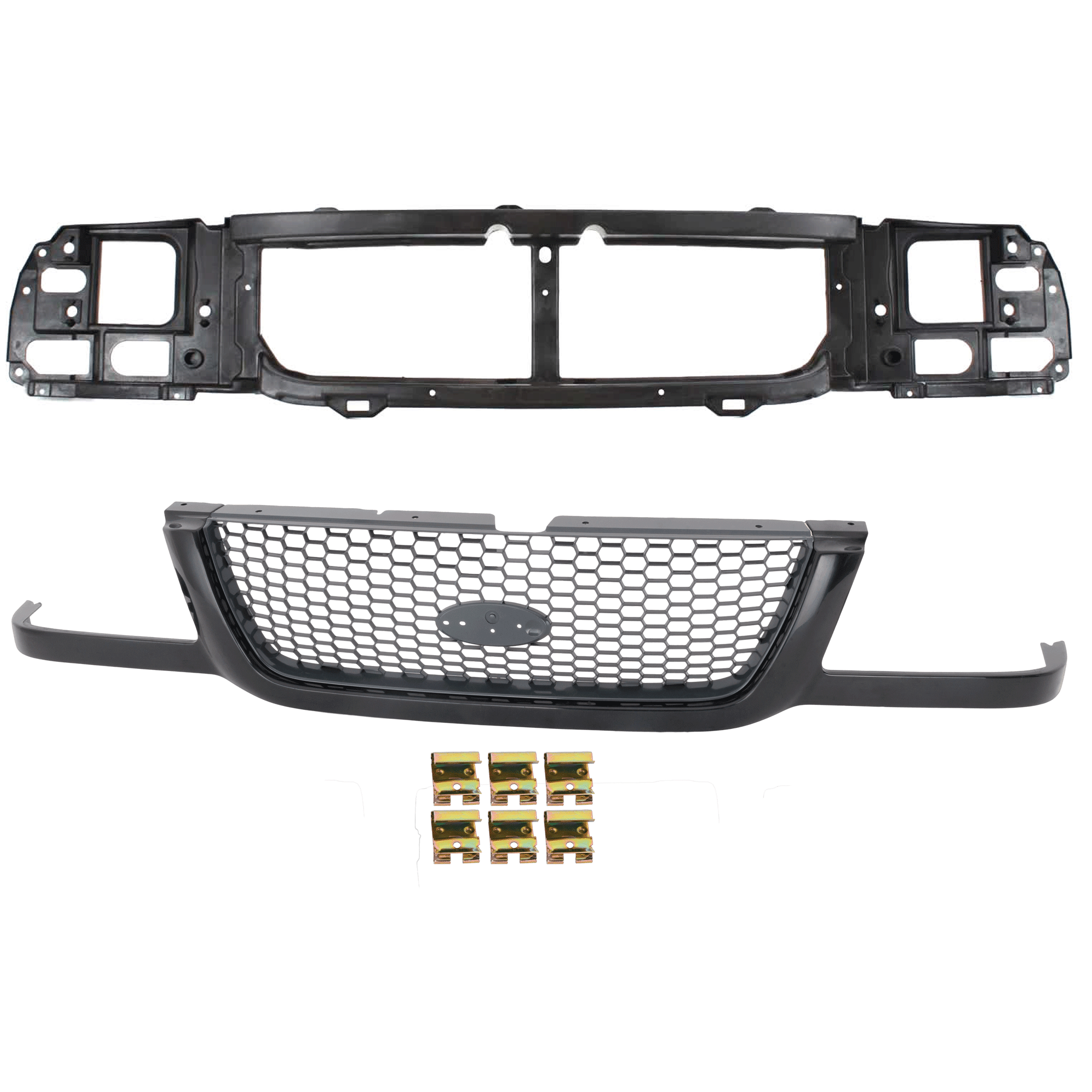 AM RANGER 01-03 HEADER PANEL 2 pc Kit Thermoplastic and Fiberglass includes Grille Assembly SKU KIT 090925-29 Partslink FO1200395 OEM 3L5Z8200BA