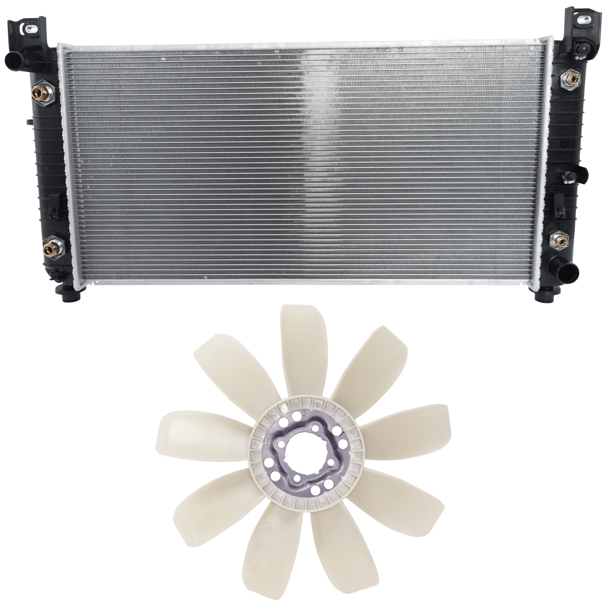 AM ESCALADE 02-04 SIERRA 1500 SILVERADO 1500-03-04 RADIATOR 2 pc Kit 5.3L 6.0L Eng. includes Fan Blade SKU KIT 090925-32 Partslink GM3112115 OEM 15017911