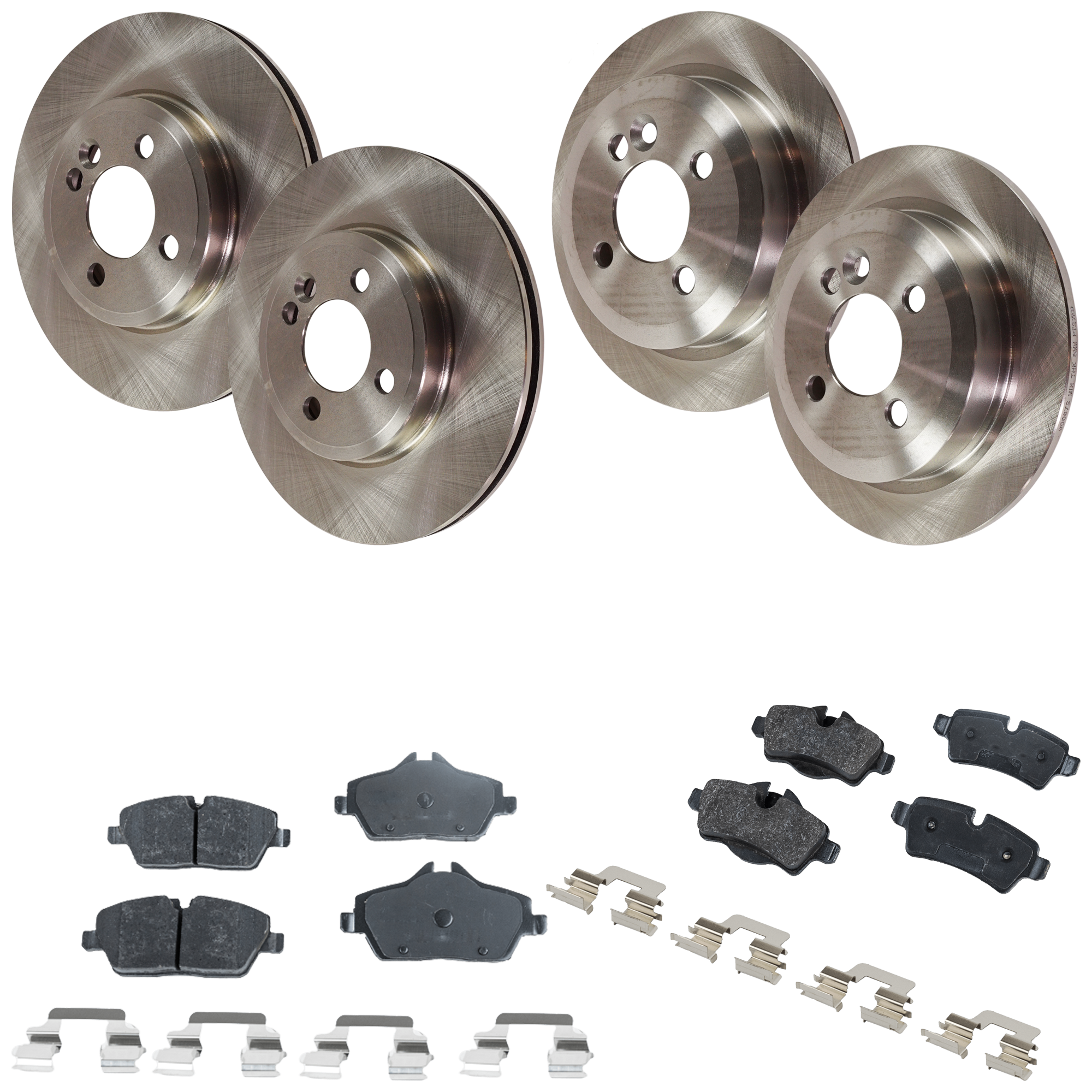 AM COOPER 07-15 FRONT AND REAR BRAKE DISC AND PAD KIT 4 Wheel Set Plain Surface SKU KIT 091121-1570 OEM 3-421-677-498-734-110-000-000-000-000