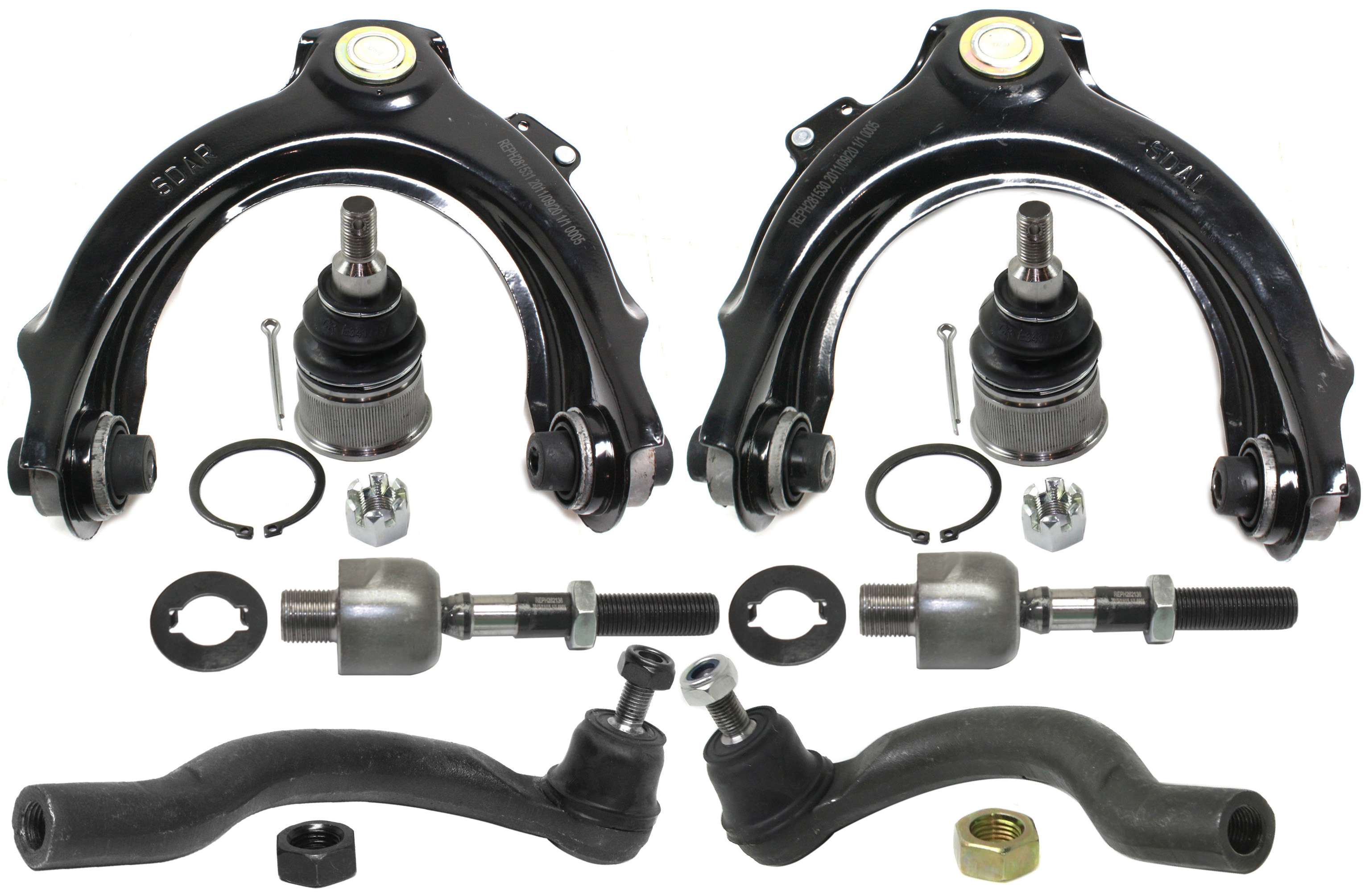 AM ACCORD 03-07 TSX 04-08 FRONT CONTROL ARM KIT RH AND LH Upper w ball joint s 8 pc Kit with Ball Joint and Tie Rod End SKU KIT 091218-17 OEM 1016526-2601662-2601797-505137