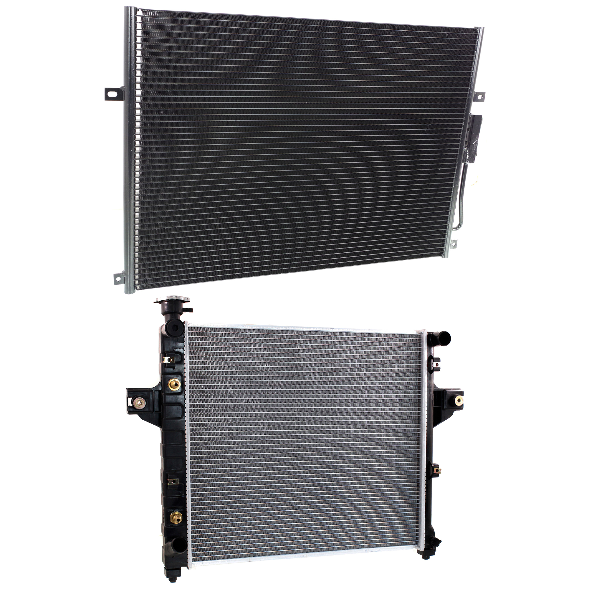 AM GRAND CHEROKEE 99-03 RADIATOR 2 pc kit 6 Cyl 4.0L Eng. with A C Condenser SKU KIT 091223-11 Partslink CH3010198 CH3030152 OEM 52079428AD 55115918AE