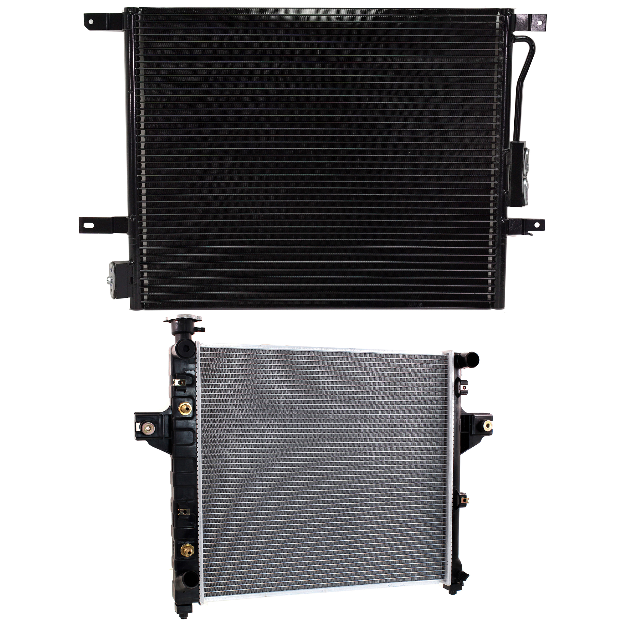 AM GRAND CHEROKEE 04-04 RADIATOR 2 pc kit 6 Cyl 4.0L Eng. with A C Condenser SKU KIT 091223-12 Partslink CH3010198 CH3030207 OEM 52079428AD 55116931AA