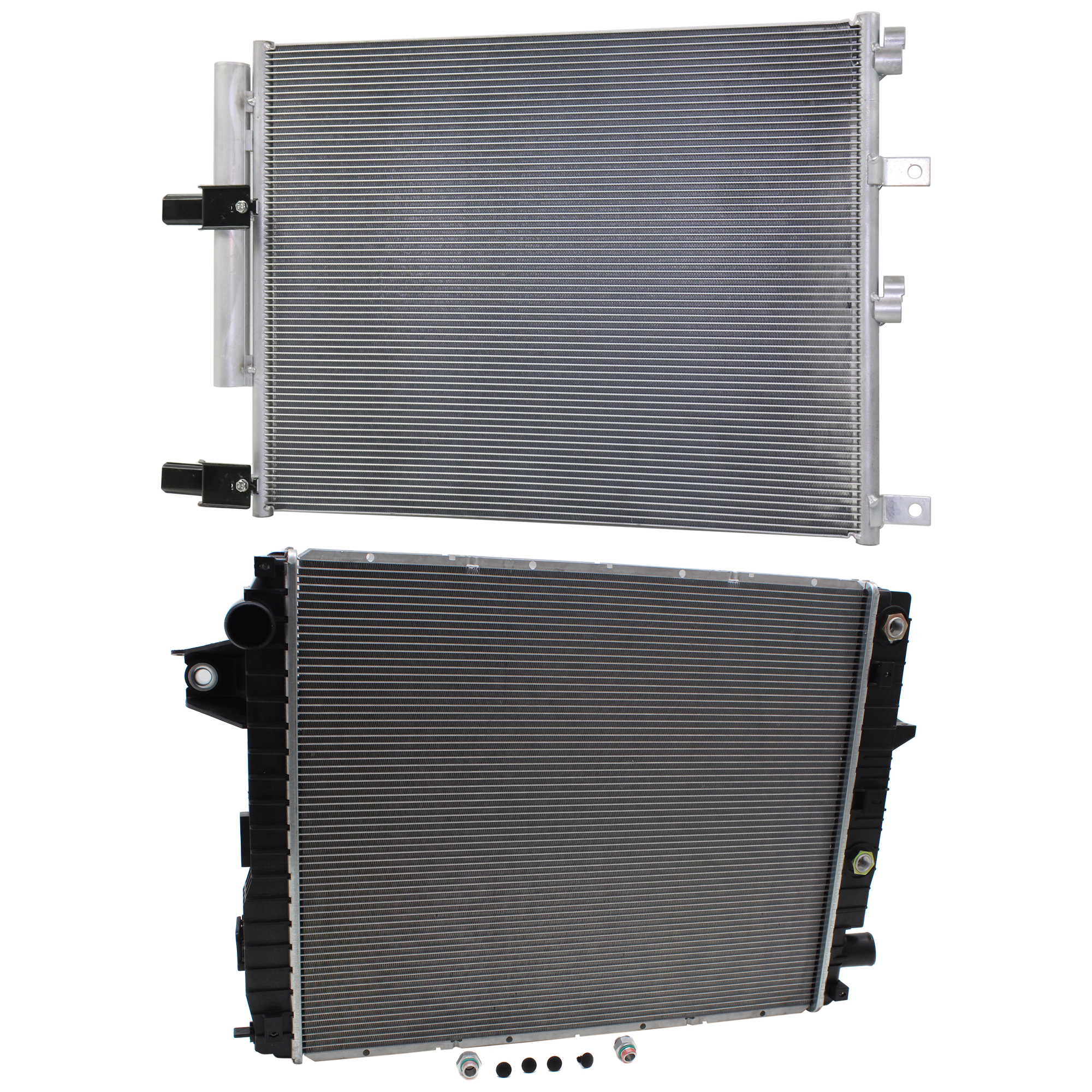 AM RAM 2500-3500-13-18 RADIATOR 2 pc kit 6 Cyl 6.7L Eng. 2 Row Core with A C Condenser SKU KIT 091223-34 Partslink CH3010374 CH3030258 OEM 52014720AA 52014736AA