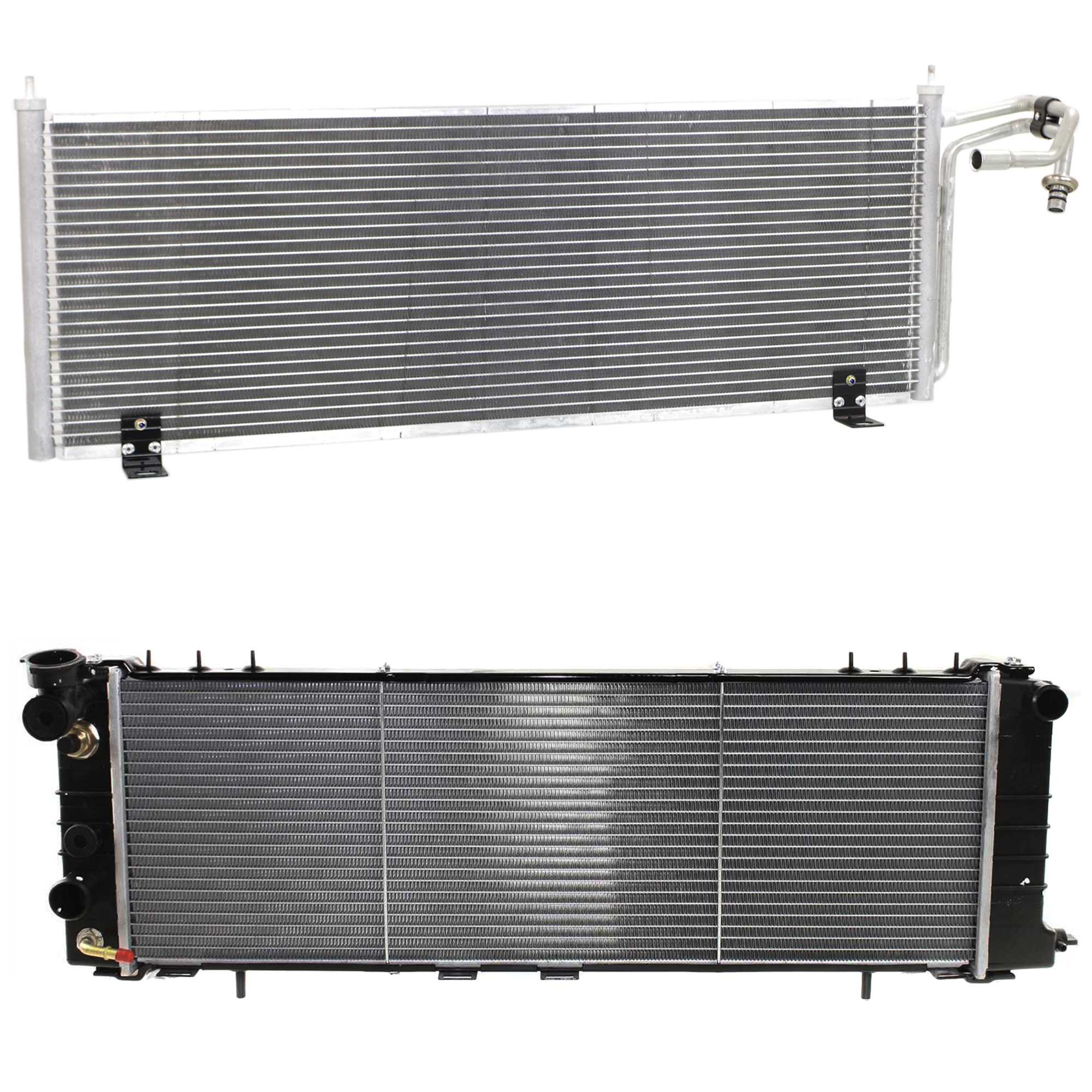 AM CHEROKEE 97-01 RADIATOR 2 pc kit Auto Manual Trans 4-6 Cyl 2.5L 4.0L Eng. with A C Condenser SKU KIT 091223-48 Partslink CH3010186 CH3030147 OEM 52079682AF 55036595AG