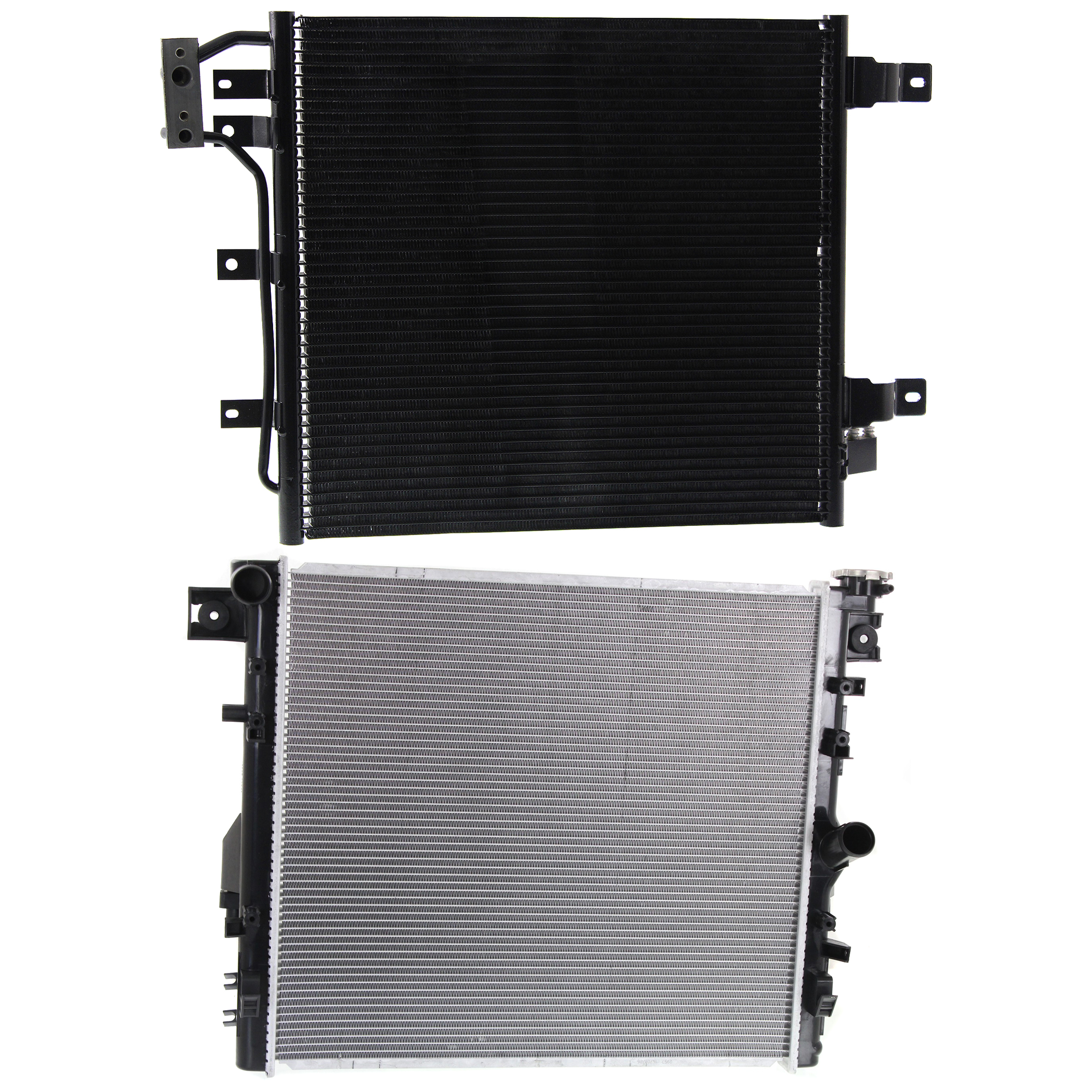 AM WRANGLER 12-17 WRANGLER JK 18-18 RADIATOR 2 pc kit Auto Manual Trans 6 Cyl 3.6L Eng. with A C Condenser SKU KIT 091223-49 Partslink CH3010343 CH3030252 OEM 68143886AA 55056634AB 68143891