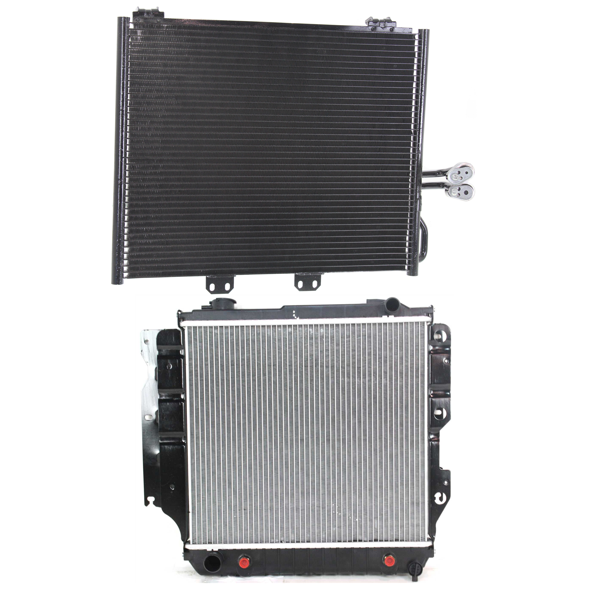 AM WRANGLER 00-04 RADIATOR 2 pc kit Auto Manual Trans 4-6 Cyl 2.4L 2.5L 4.0L Eng. with A C Condenser SKU KIT 091223-50 Partslink CH3010331 CH3030156 OEM 55037653AB 55037618AH