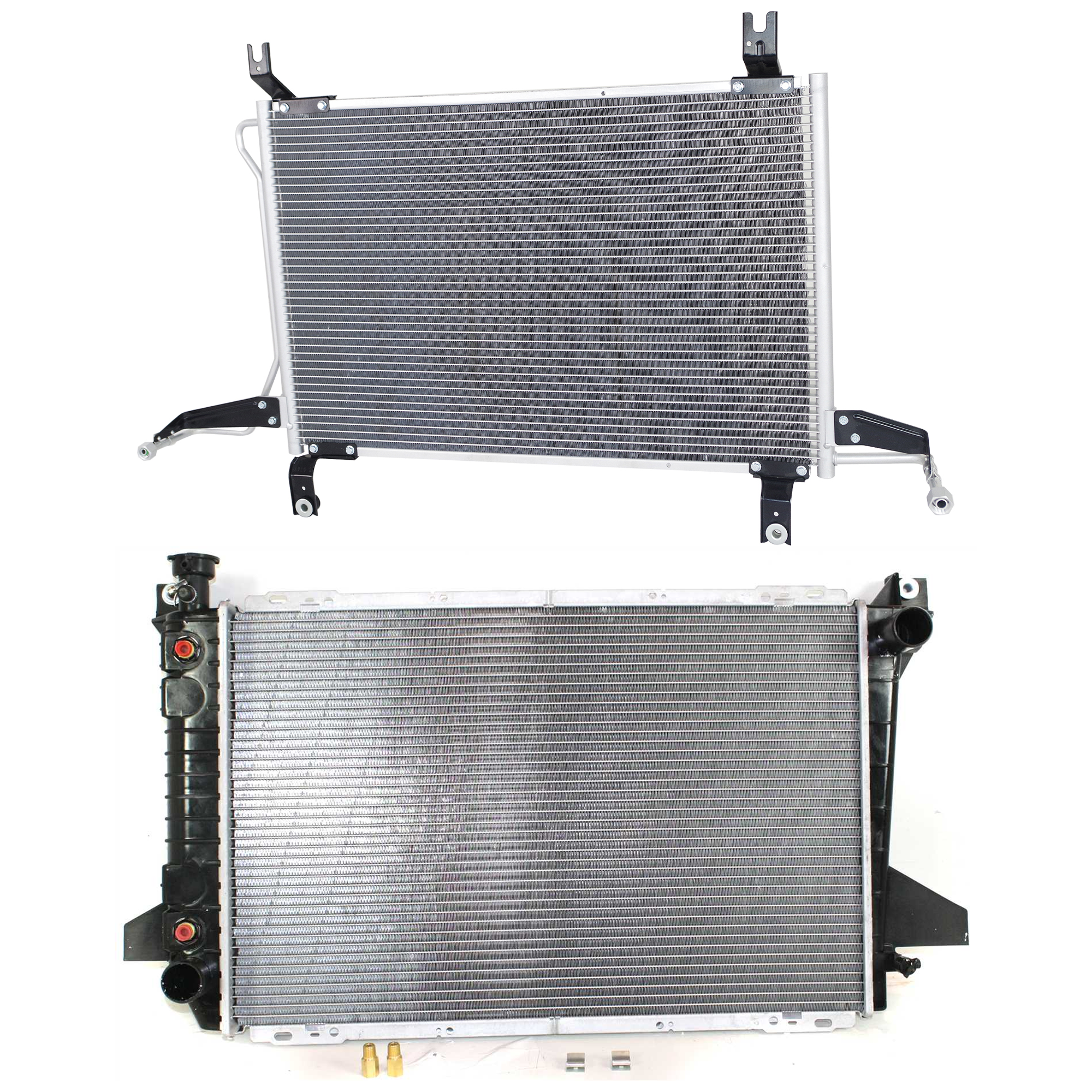 AM F 350-94-97 BRONCO F 150-94-96 RADIATOR 2 pc kit Auto Manual Trans 8 Cyl 5.0L 5.8L Eng. with A C Condenser SKU KIT 091223-59 Partslink FO3010135 FO3030134 OEM F2TZ8005DA F6TZ19712BA