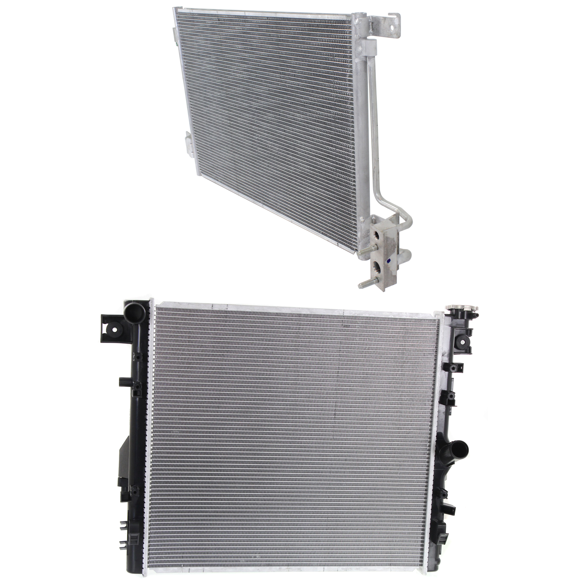 AM WRANGLER 07-11 RADIATOR 2 pc kit Man Trans 6 Cyl 3.8L Eng. with A C Condenser SKU KIT 091223-73 Partslink CH3010343 CH3030227 OEM 68143886AA 55056634AB 55056726