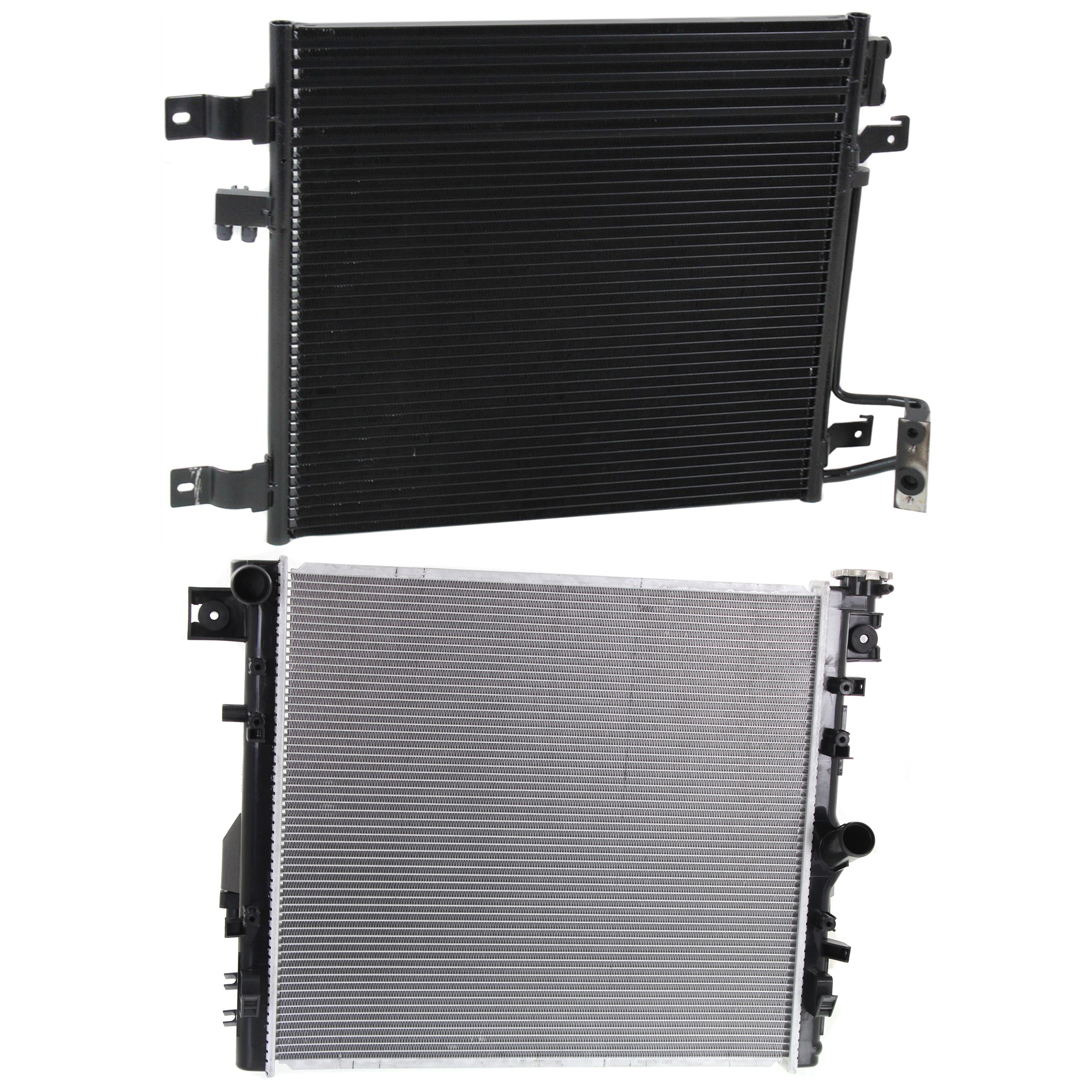 AM WRANGLER 07-11 RADIATOR 2 pc kit Auto Trans 6 Cyl 3.8L Eng. with A C Condenser SKU KIT 091223-74 Partslink CH3010343 CH3030233 OEM 68143886AA 55056634AB 55056635
