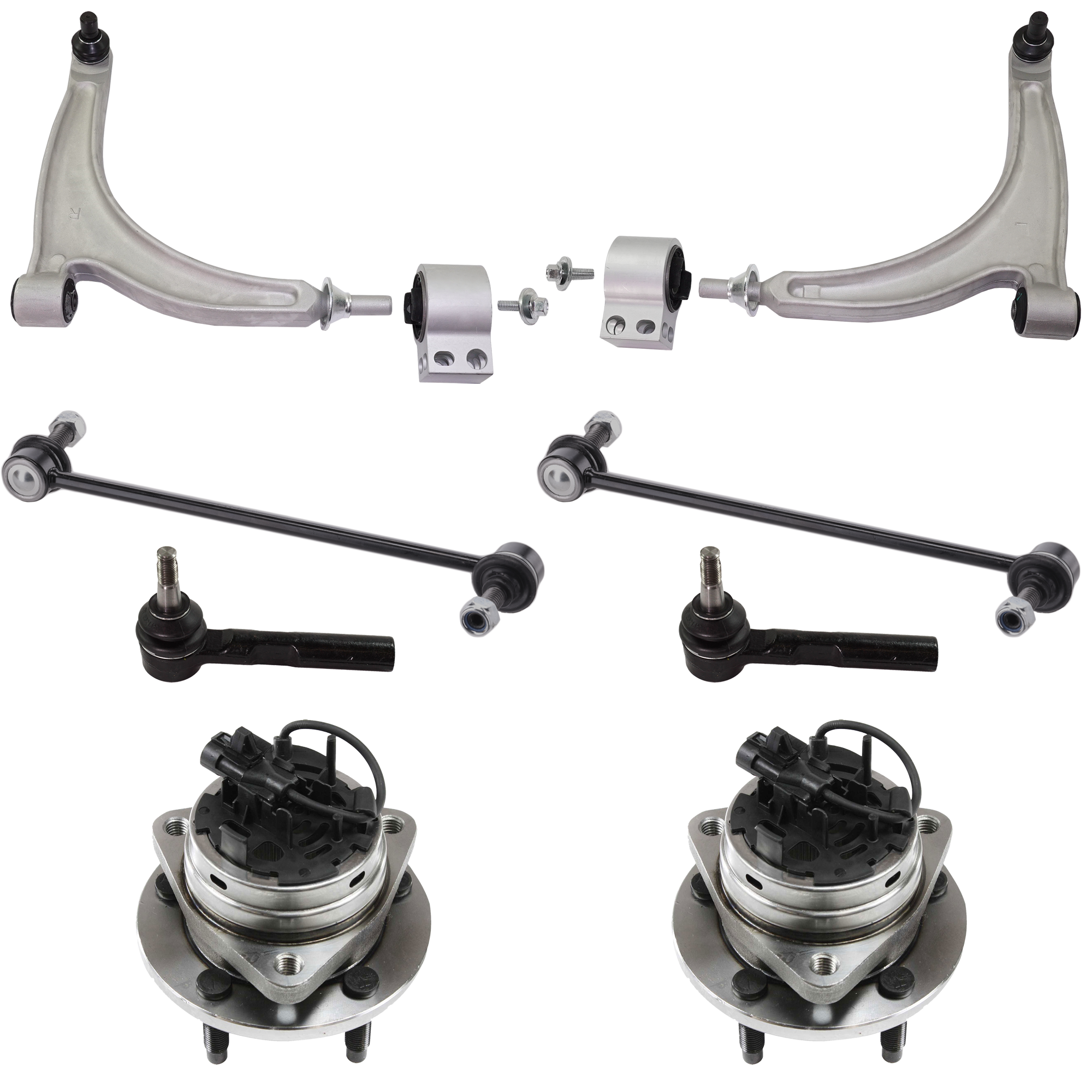 AM AURA 07-09 G6-05-09 MALIBU 04-09 FRONT CONTROL ARM KIT RH AND LH Lower w ball joint s 8 pc Kit with Wheel Hub Sway Bar Link Tie Rod End Control Arm SKU KIT 091316-09 OEM 22730775-22730776-20784686-401