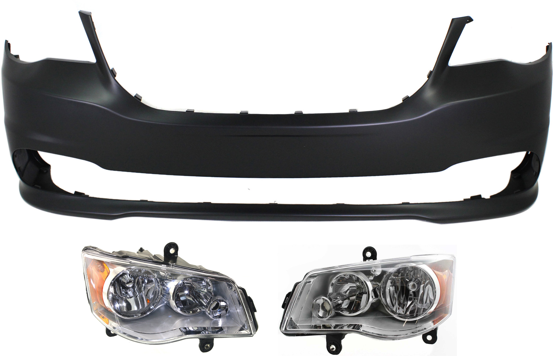 AM GRAND CARAVAN 11-20 HEAD LAMP RH AND LH Assembly Halogen 3 pc Kit with Bumper Cover SKU KIT 091318-23 Partslink CH2503192 CH2502192 CH1000A02 OEM 5113336AI 5113336AG 5113337AI
