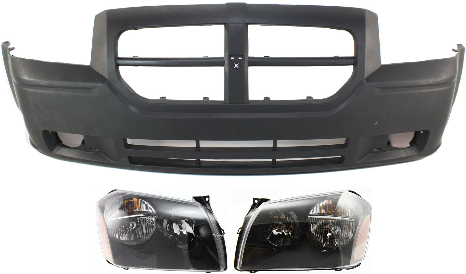 AM MAGNUM 05-07 FRONT BUMPER COVER 3 pc Kit with Headlights SKU KIT 091318-38 Partslink CH1000429 CH2502166 CH2503166 OEM 4805768AB 4805755AG 4805754AG