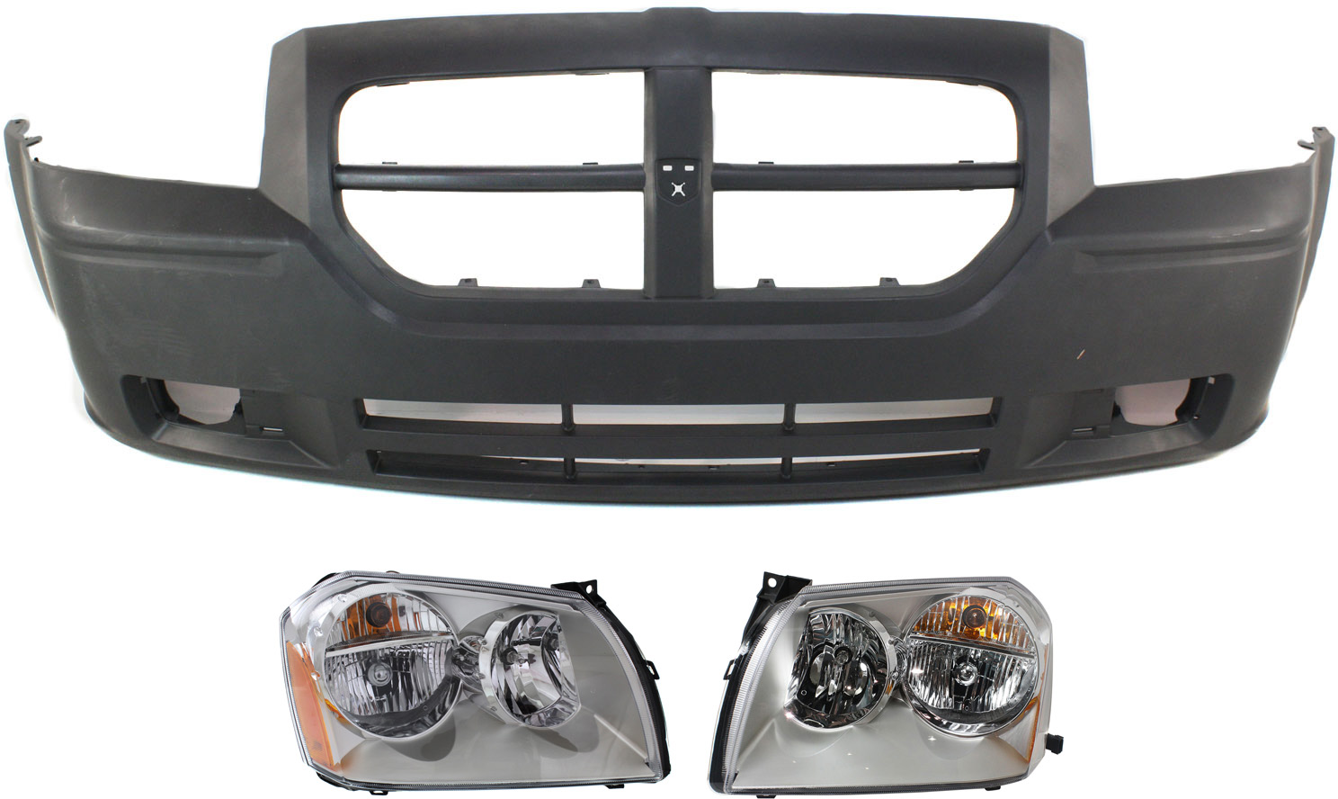 AM MAGNUM 05-07 FRONT BUMPER COVER 3 pc Kit with Headlights SKU KIT 091318-39 Partslink CH1000429 CH2502165 CH2503165 OEM 4805768AB 4806059AG PFM 480605
