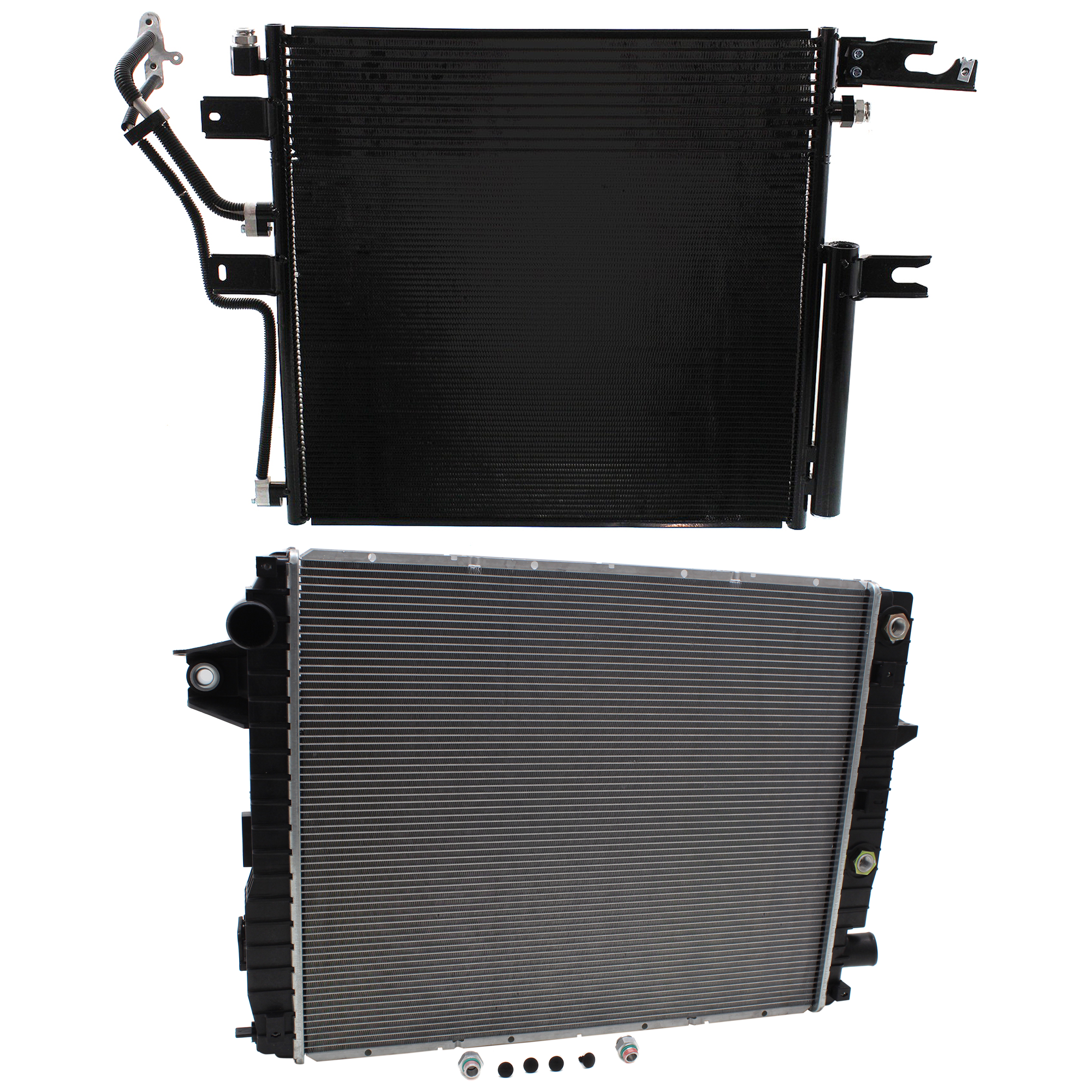 AM RAM 2500-3500-13-13 RADIATOR 2 pc kit Auto Trans 6 Cyl 6.7L Eng. 2 Row Core with A C Condenser SKU KIT 091423-09 Partslink CH3010374 CH3030245 OEM 52014720AA 55057091AC
