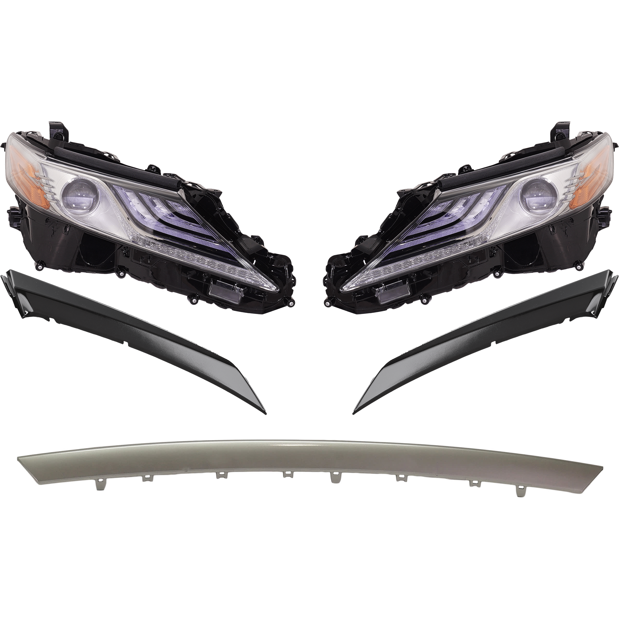 AM CAMRY 18-18 HEAD LAMP RH AND LH Assembly LED 5 pc Kit with Bumper Trim SKU KIT 091523-211 Partslink TO2502257 TO2503257 TO1044121 TO1047106 TO1046106 OEM 8111006D80-8115006D80-53122060