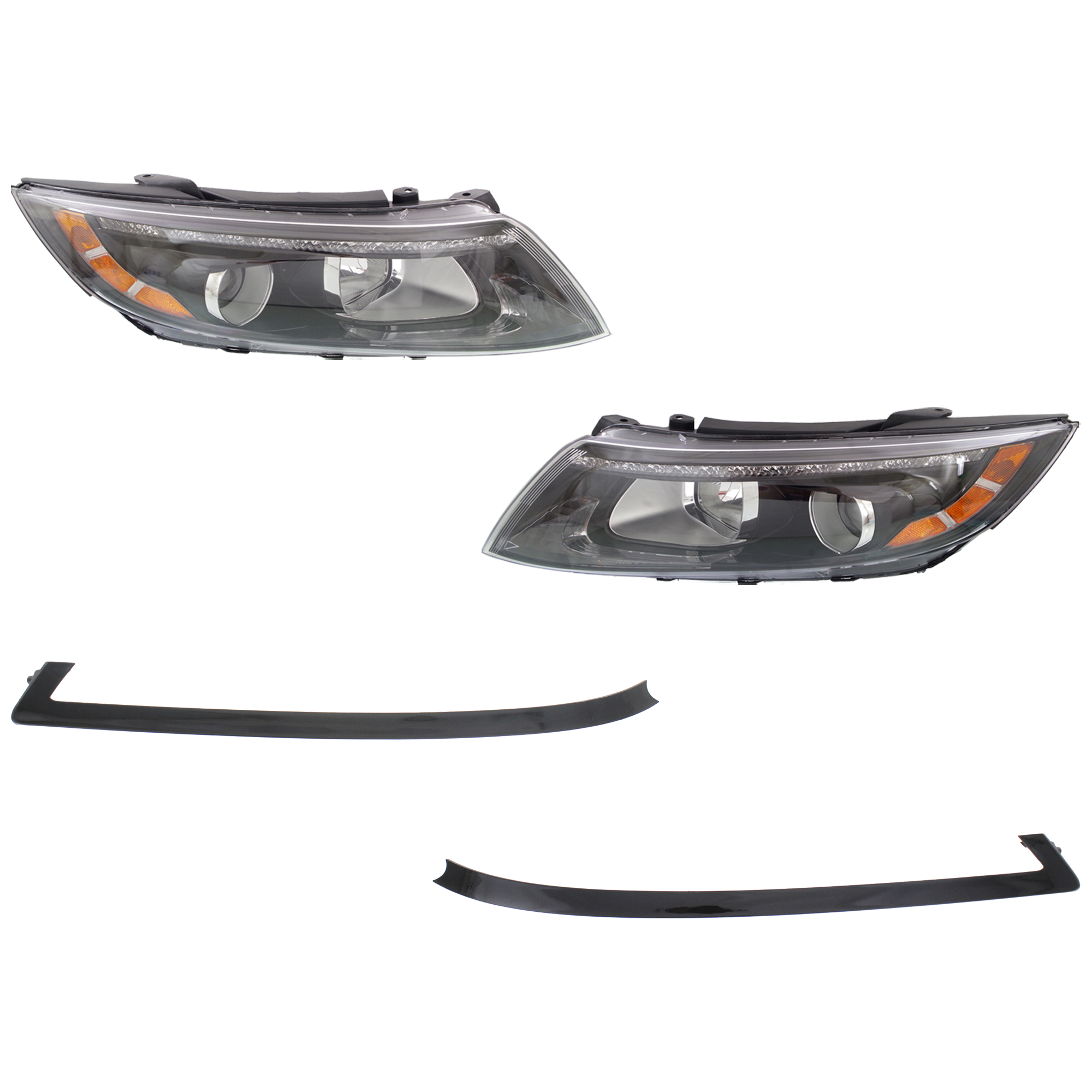 AM OPTIMA 14-15 HEAD LAMP RH AND LH Assembly Halogen With LED position parking light 4 pc Kit with Bumper Trim SKU KIT 091523-217 Partslink KI2502176 KI2503176 KI1047104 KI1046104 OEM 921014C551-921024C551-865644C5
