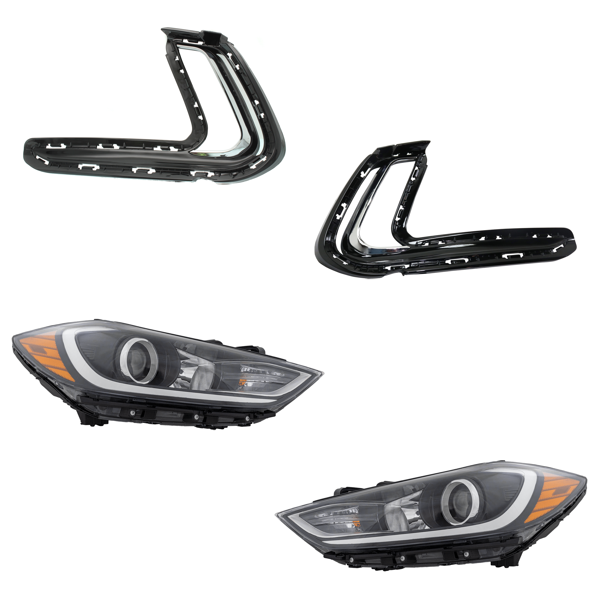 AM ELANTRA 17-18 HEAD LAMP RH AND LH 4 pc kit Assembly Halogen w o Daytime Running Light Korea or USA Built Vehicle with Bumper Trim SKU KIT 091523-232 Partslink HY2502206 HY2502203 HY2503206 HY2503203 HY1039126 HY1038126 OEM 92101F3000-92101F2040-92102F30