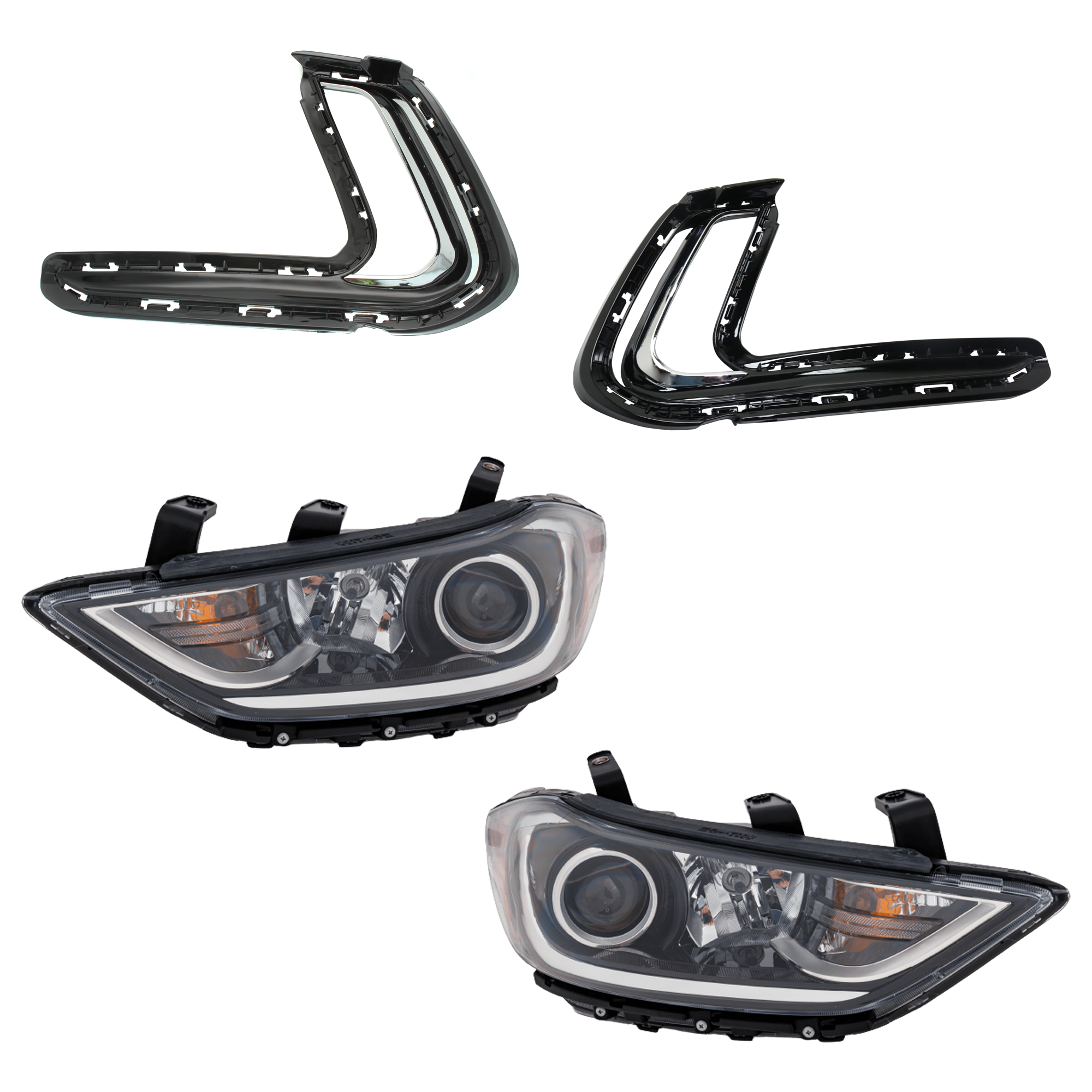 AM ELANTRA 17-18 HEAD LAMP RH AND LH 4 pc kit Assembly Halogen With daytime running light with Bumper Trim SKU KIT 091523-233 Partslink HY2502204 HY2503204 HY1039126 HY1038126 OEM 92101F2050-92102F2050-86564F34