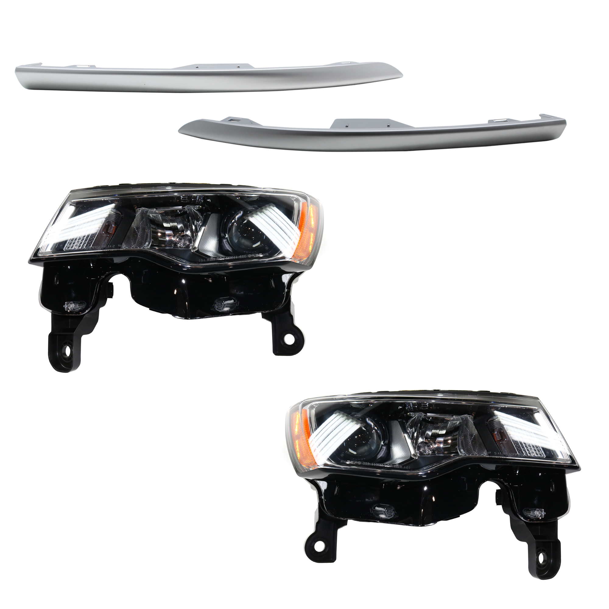 AM GRAND CHEROKEE 17-21 HEAD LAMP RH AND LH 4 pc kit Assembly Halogen with Bumper Trim SKU KIT 091523-235 Partslink CH2502297 CH2503297 CH1047119 CH1046119 OEM 68289234AE 68289235AE 5ZT56SZ7