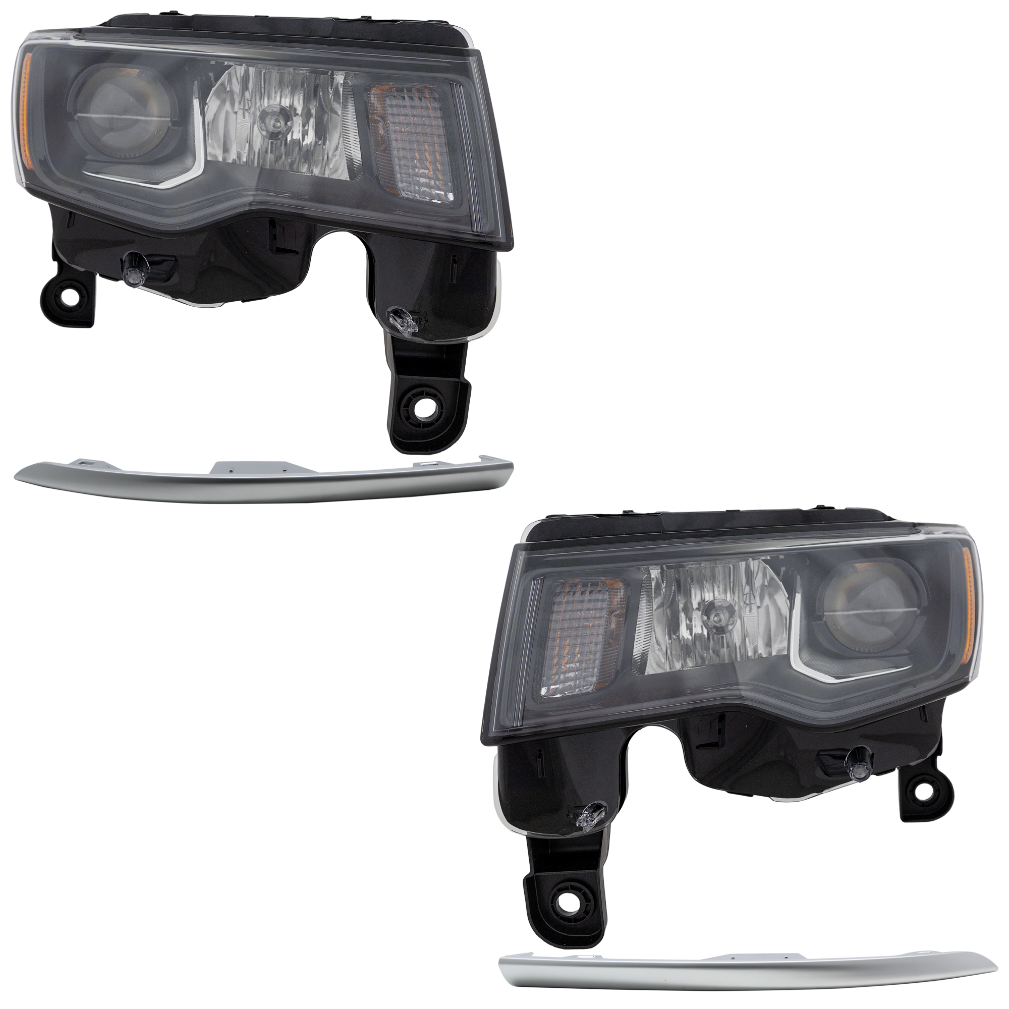 AM GRAND CHEROKEE 17-21 HEAD LAMP RH AND LH 4 pc kit Assembly Halogen with Bumper Trim SKU KIT 091523-236 Partslink CH2502309 CH2503309 CH1047119 CH1046119 OEM 68266646AE 68266647AE 5ZT56SZ7