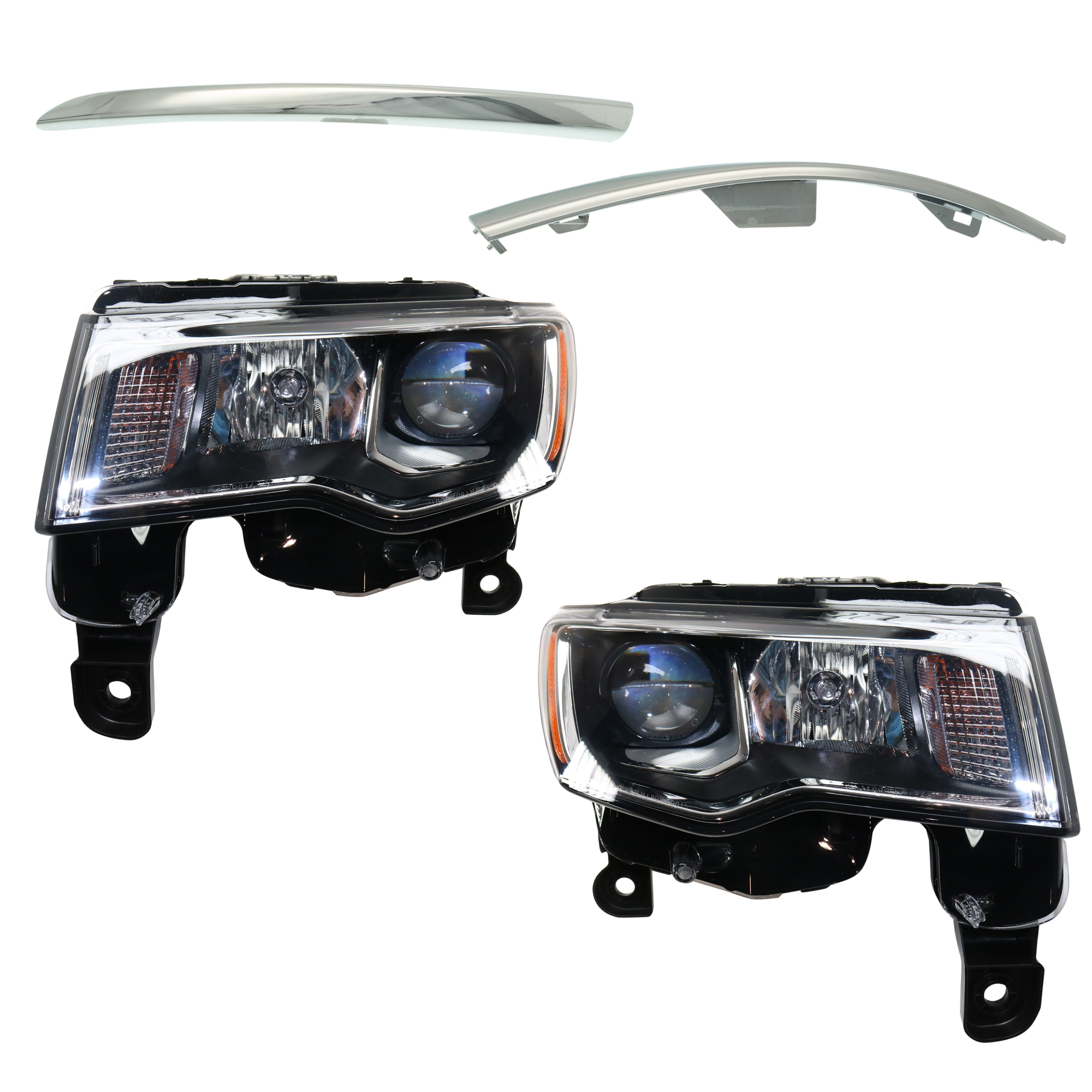 AM GRAND CHEROKEE 17-21 HEAD LAMP RH AND LH 4 pc kit Assembly Halogen with Bumper Trim SKU KIT 091523-237 Partslink CH2502297 CH2503297 CH1047118 CH1046118 OEM 68289234AE 68289235AE 5XM06SZ0