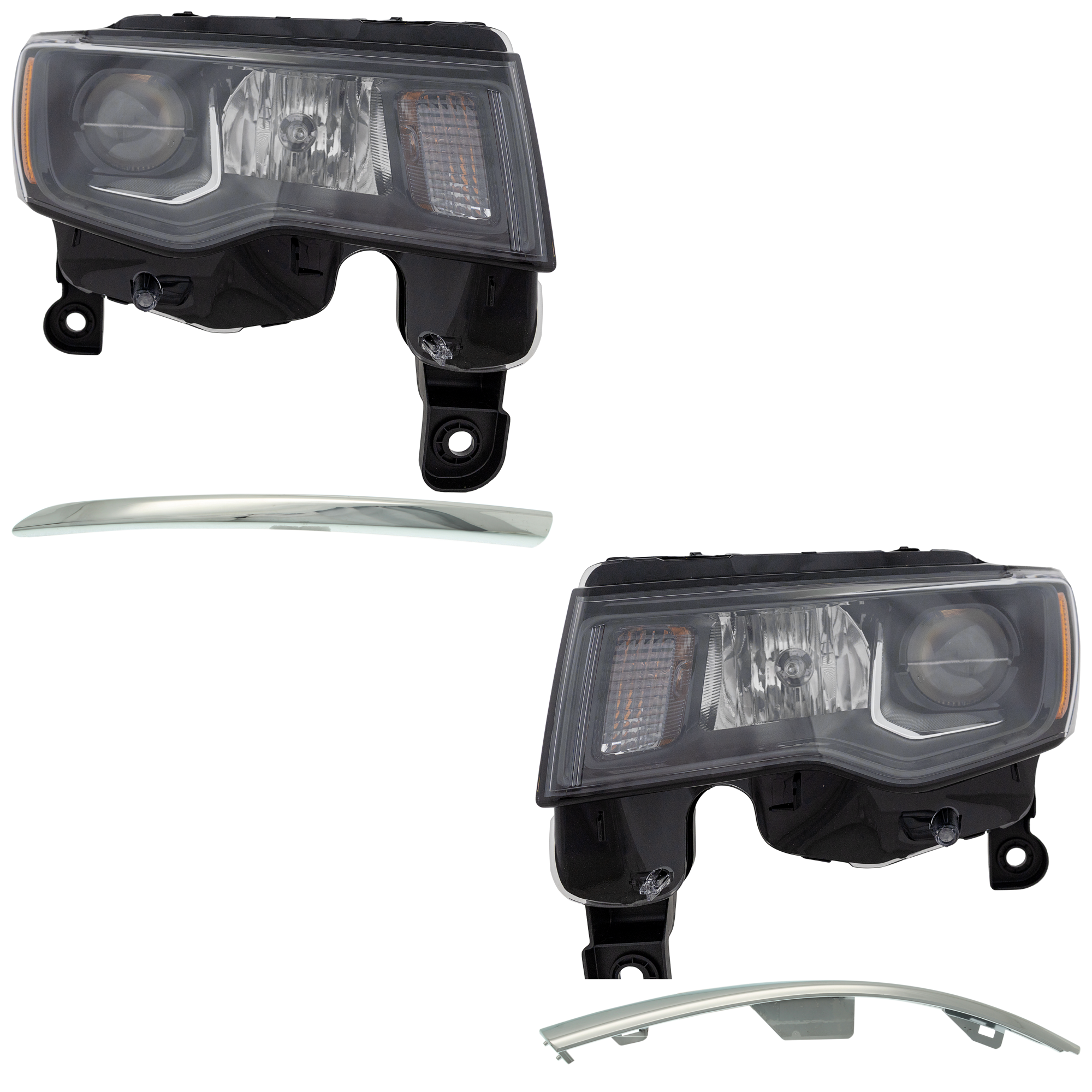 AM GRAND CHEROKEE 17-21 HEAD LAMP RH AND LH 4 pc kit Assembly Halogen with Bumper Trim SKU KIT 091523-238 Partslink CH2502309 CH2503309 CH1047118 CH1046118 OEM 68266646AE 68266647AE 5XM06SZ0