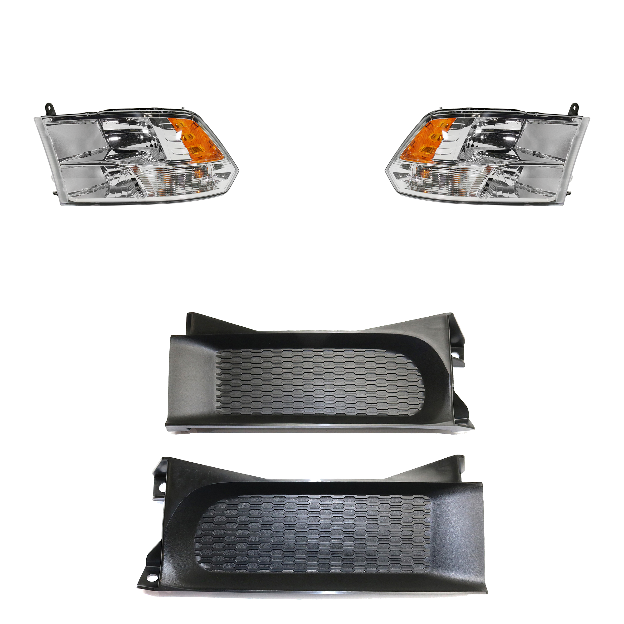 AM RAM FULL SIZE P U 13-24 HEAD LAMP RH AND LH 4 pc kit Assembly Halogen Reflector Type Chrome Interior with Bumper Trim SKU KIT 091523-246 Partslink CH2502242 CH2503242 CH1037112 OEM 68096438AJ 68096439AJ 68196984