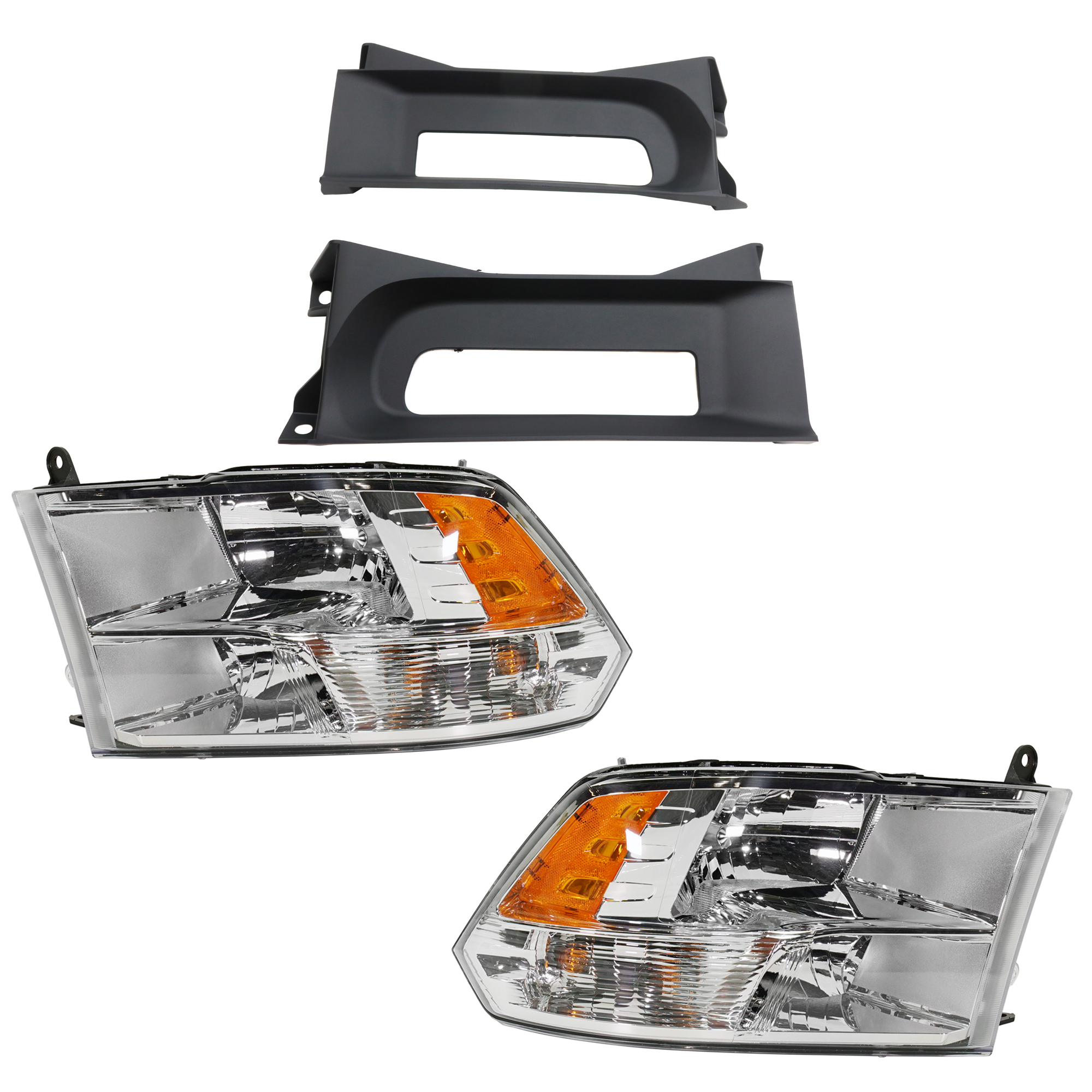 AM RAM 1500-13-18 RAM 1500 CLASSIC 19-23 HEAD LAMP RH AND LH 3 pc kit Assembly Halogen Reflector Type Chrome Interior with Bumper Trim SKU KIT 091523-248 Partslink CH2502242 CH2503242 CH1037113 OEM 68096438AJ 68096439AJ 68196982