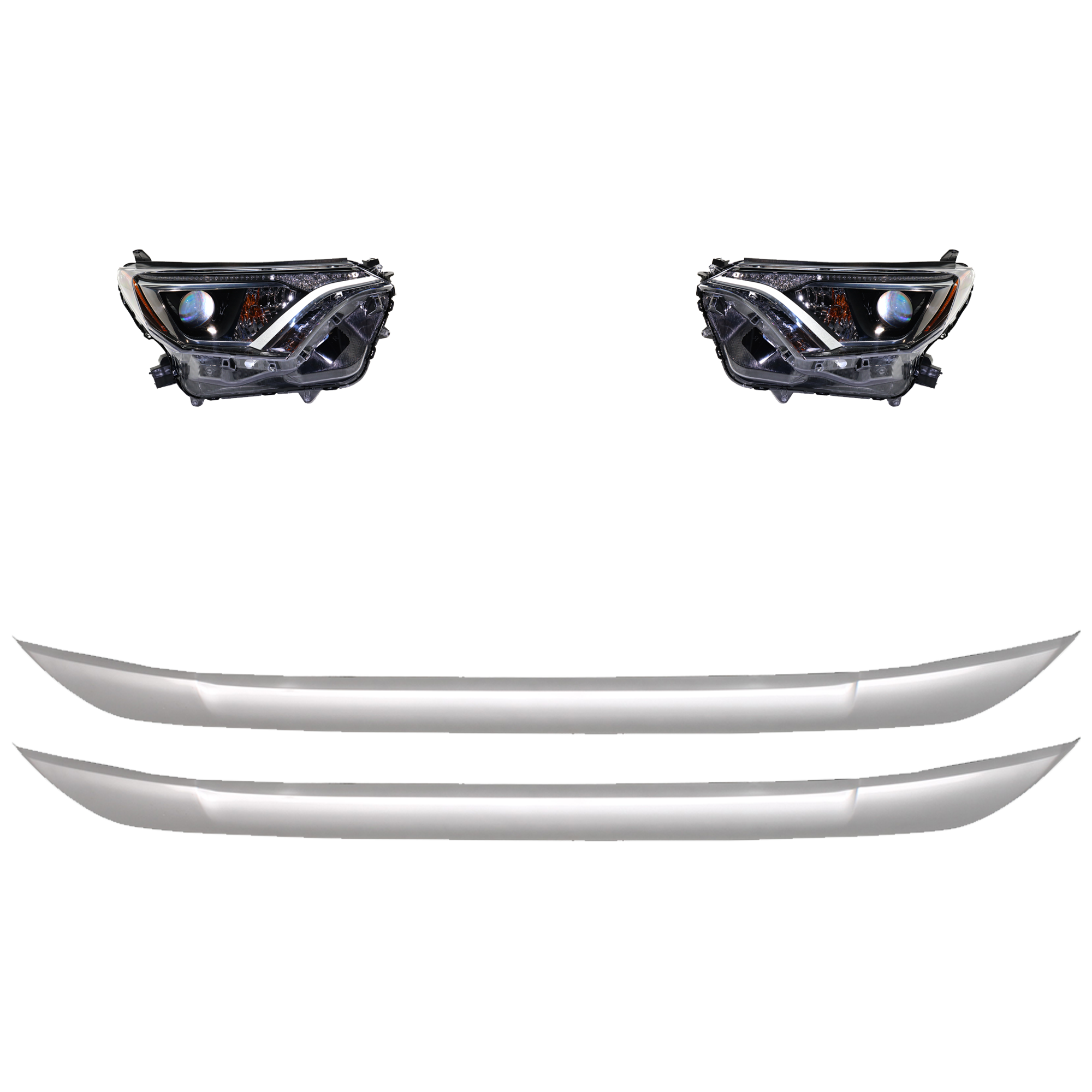 AM RAV4-16-16 HEAD LAMP RH AND LH 4 pc kit Assembly Halogen With chrome bezel with Bumper Trim SKU KIT 091523-263 Partslink TO2502247 TO2503247 TO1094103 OEM 811100R080-811500R080-52711421