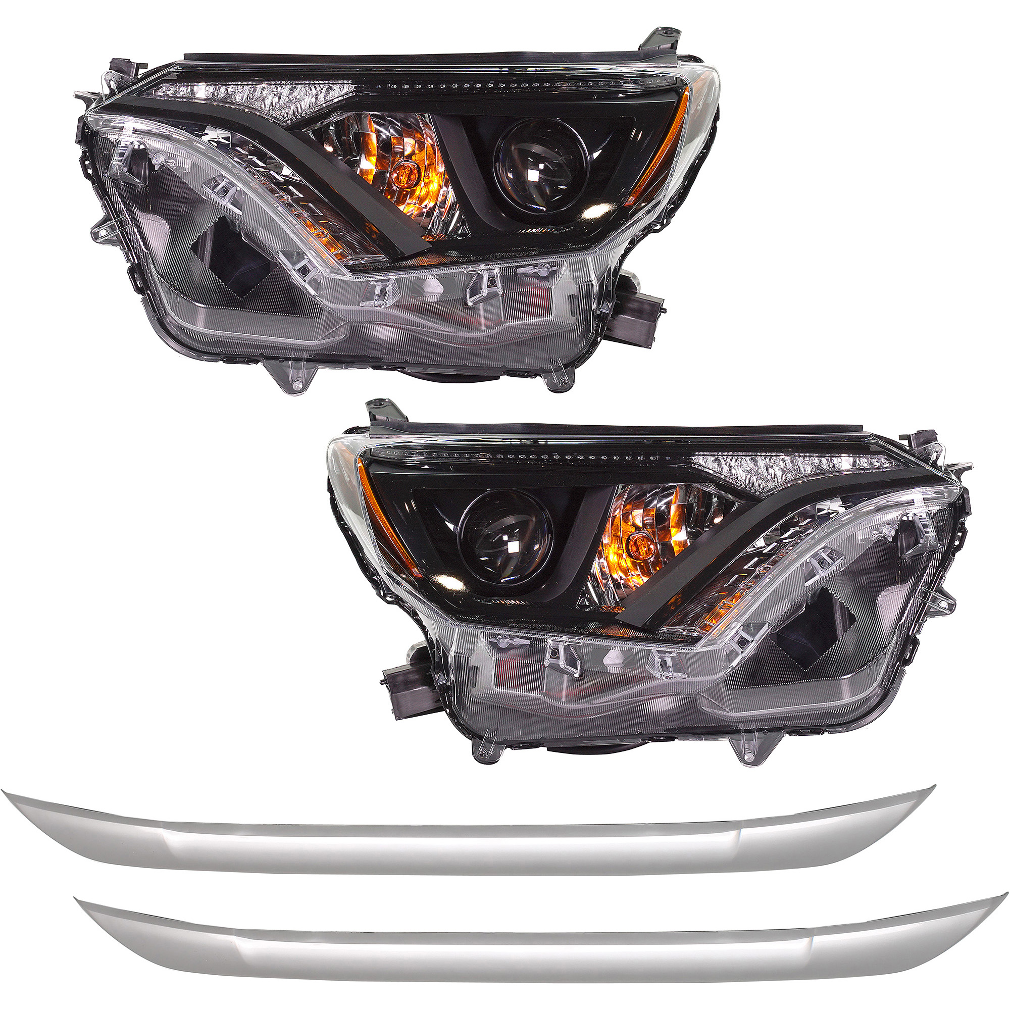 AM RAV4-16-16 HEAD LAMP RH AND LH 4 pc kit Assembly Halogen With black bezel with Bumper Trim SKU KIT 091523-264 Partslink TO2502268 TO2503268 TO1094103 OEM 811100R180-811500R180-52711421