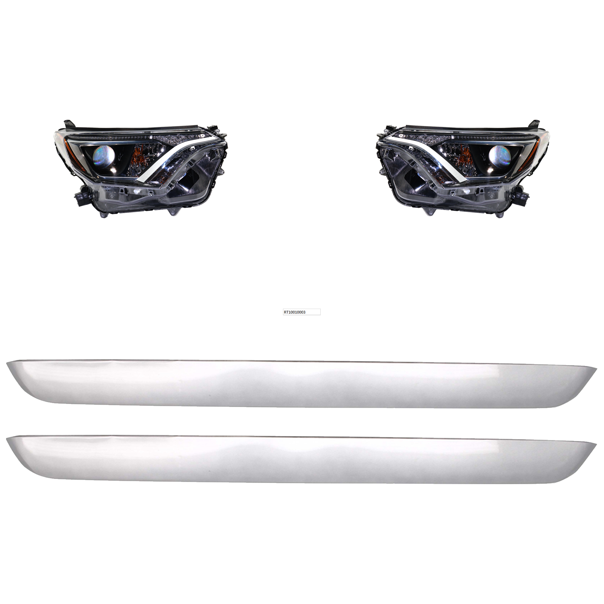 AM RAV4-16-16 HEAD LAMP RH AND LH 4 pc kit Assembly Halogen With chrome bezel with Bumper Trim SKU KIT 091523-267 Partslink TO2502247 TO2503247 TO1044116 OEM 811100R080-811500R080-527110R0