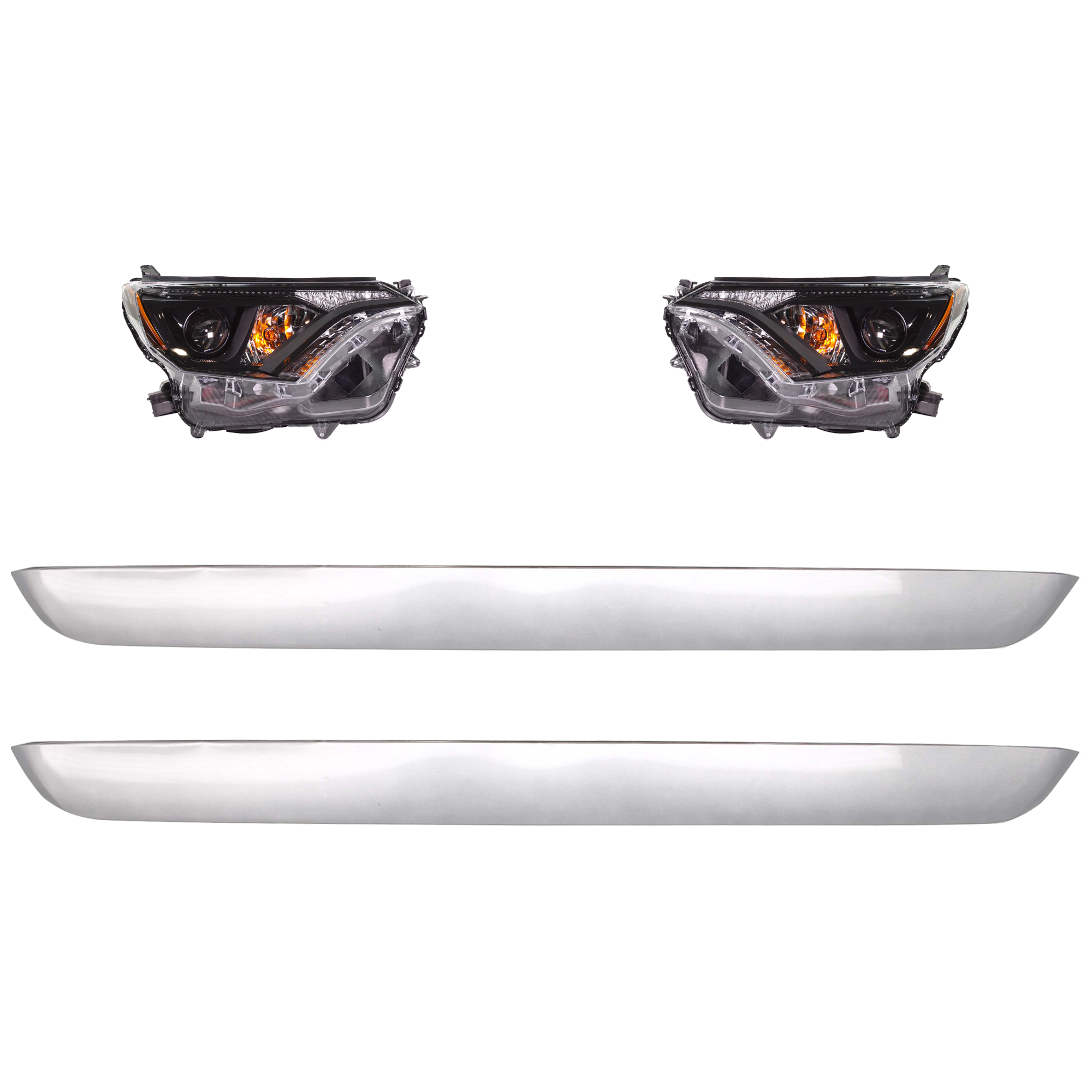 AM RAV4-16-16 HEAD LAMP RH AND LH 4 pc kit Assembly Halogen With black bezel with Bumper Trim SKU KIT 091523-268 Partslink TO2502268 TO2503268 TO1044116 OEM 811100R180-811500R180-527110R0