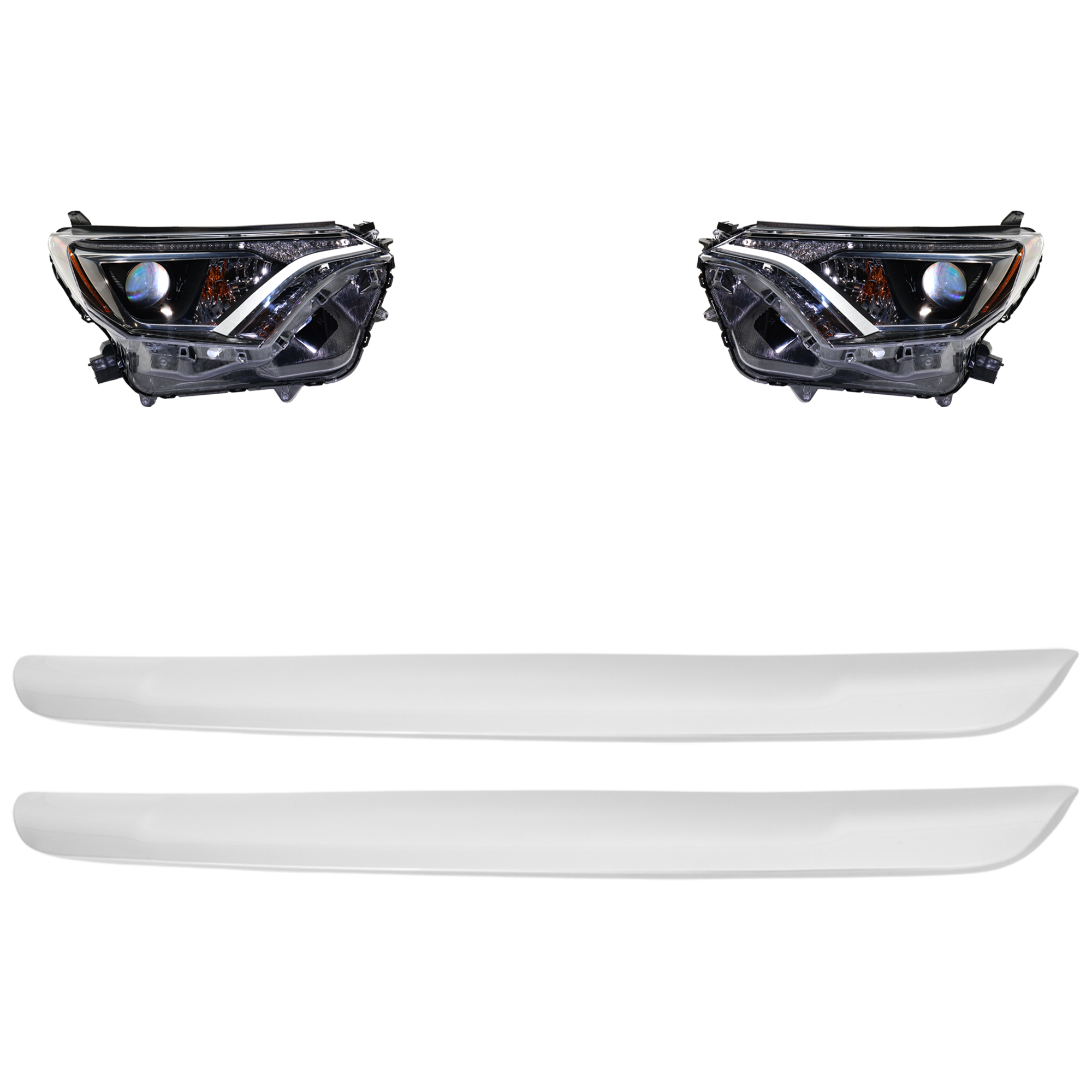 AM RAV4-17-18 HEAD LAMP RH AND LH 4 pc kit Assembly Halogen With chrome bezel with Bumper Trim SKU KIT 091523-269 Partslink TO2502247 TO2503247 TO1044123 OEM 811100R080-811500R080-527110R0