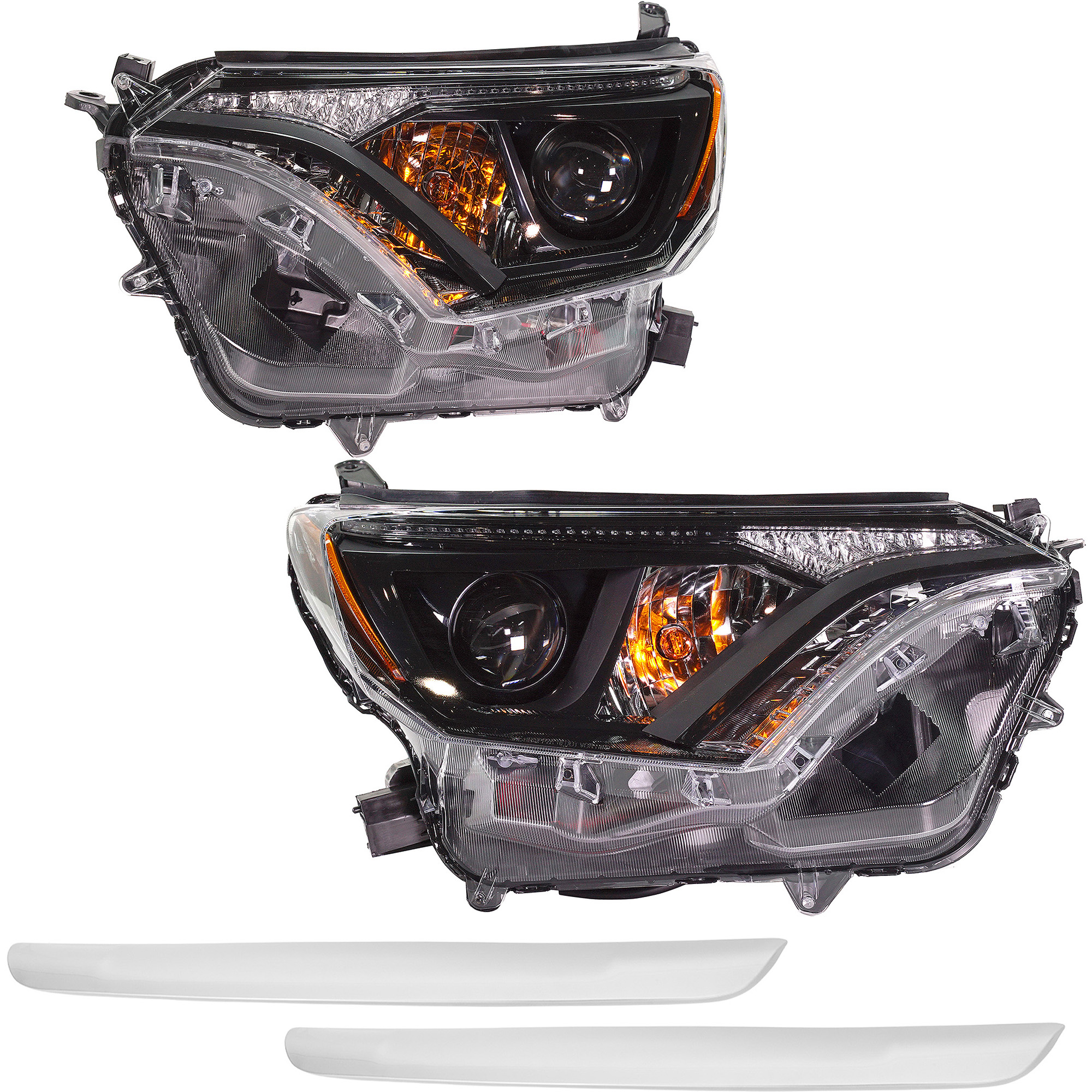 AM RAV4-17-18 HEAD LAMP RH AND LH 4 pc kit Assembly Halogen With black bezel with Bumper Trim SKU KIT 091523-270 Partslink TO2502268 TO2503268 TO1044123 OEM 811100R180-811500R180-527110R0
