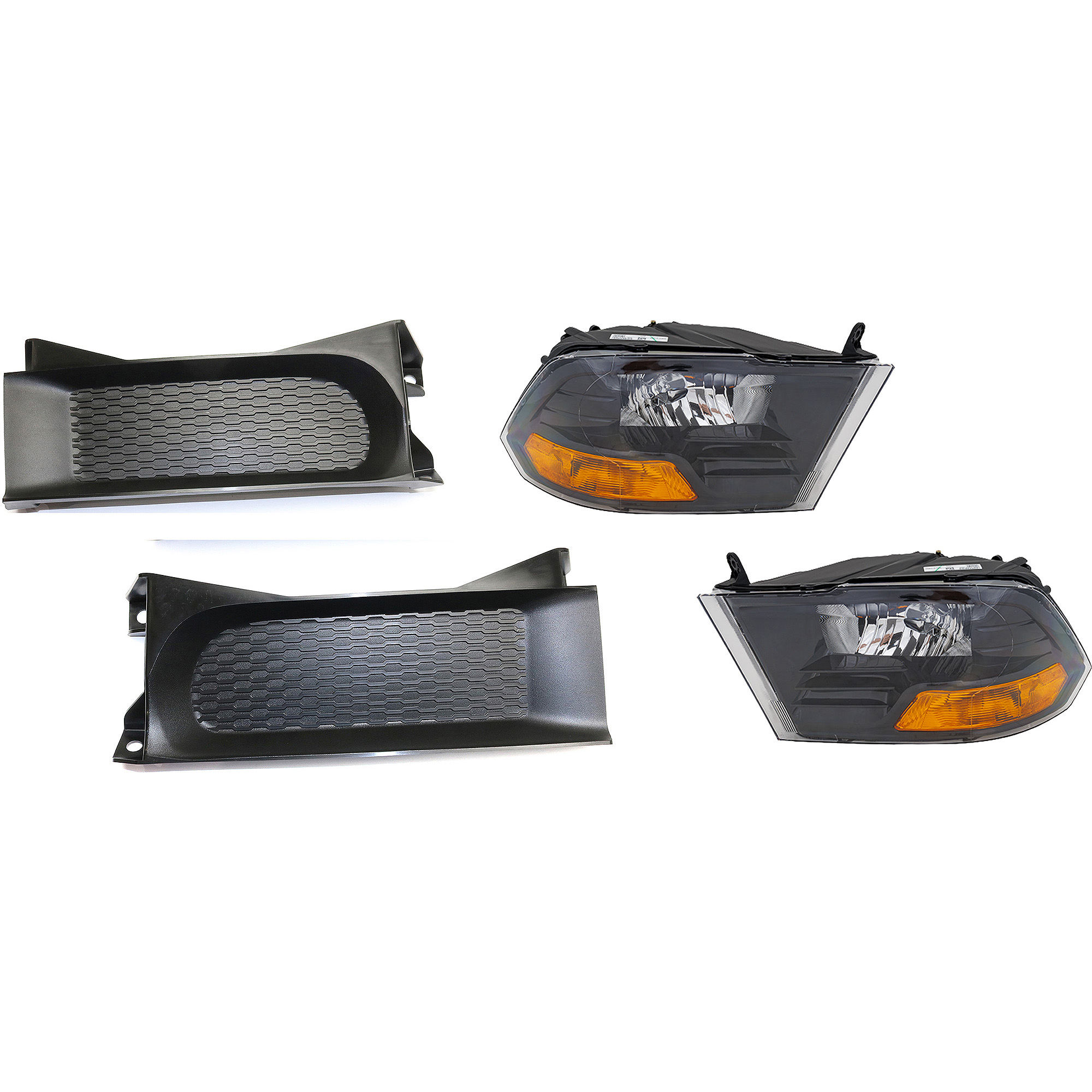 AM RAM FULL SIZE P U 13-18 HEAD LAMP RH AND LH 4 pc kit Lens and Housing Halogen Standard Type Black Interior w Day Time Running Light Black Bezel with Bumper Trim SKU KIT 091523-271 Partslink CH1037112 OEM 68270496AE PFM 68270497AE PFM
