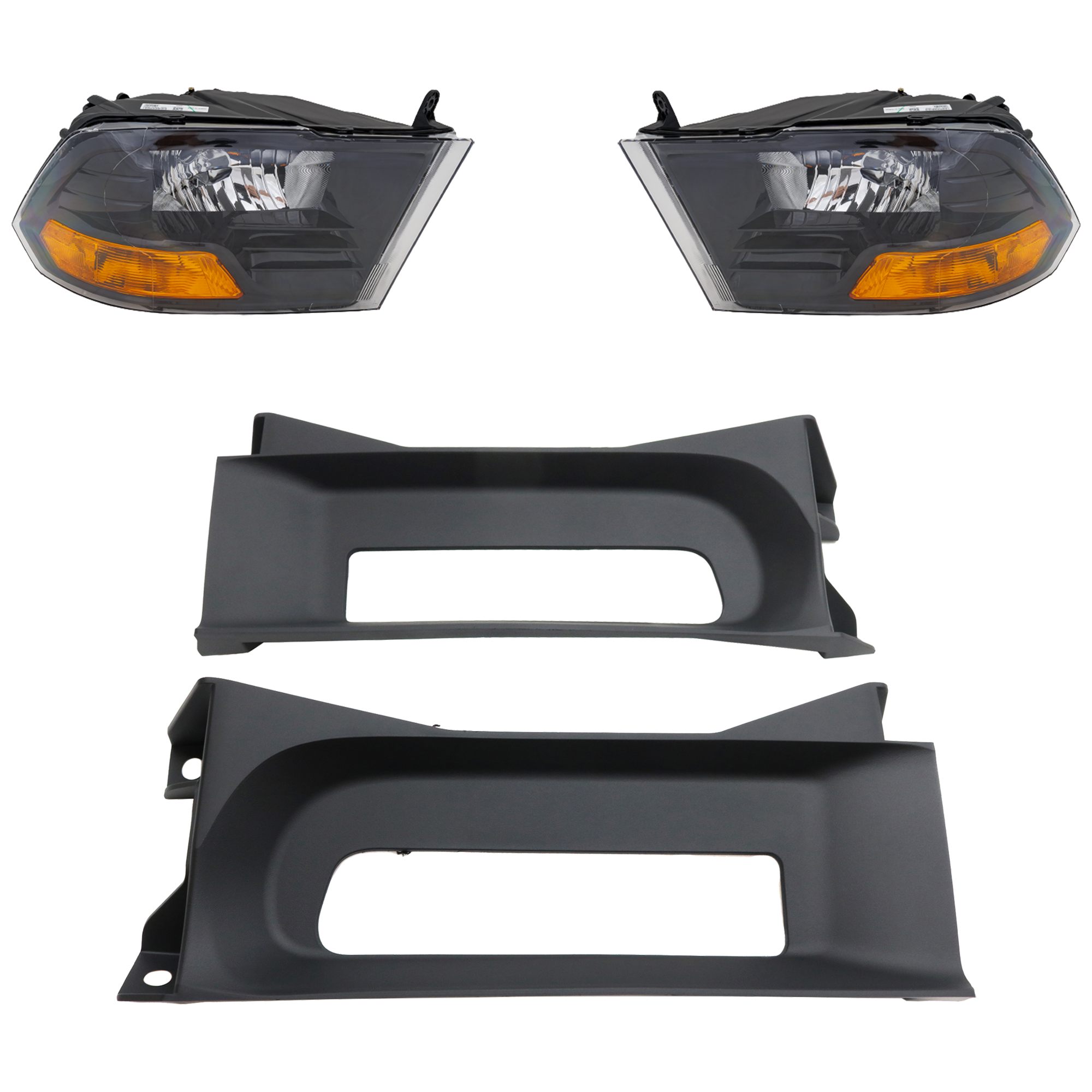 AM RAM 1500-13-18 RAM 1500 CLASSIC 19-23 HEAD LAMP RH AND LH 4 pc kit Lens and Housing Halogen Standard Type Black Interior w Day Time Running Light Black Bezel with Bumper Trim SKU KIT 091523-272 Partslink CH1037113 OEM 68270496AE PFM 68270497AE PFM