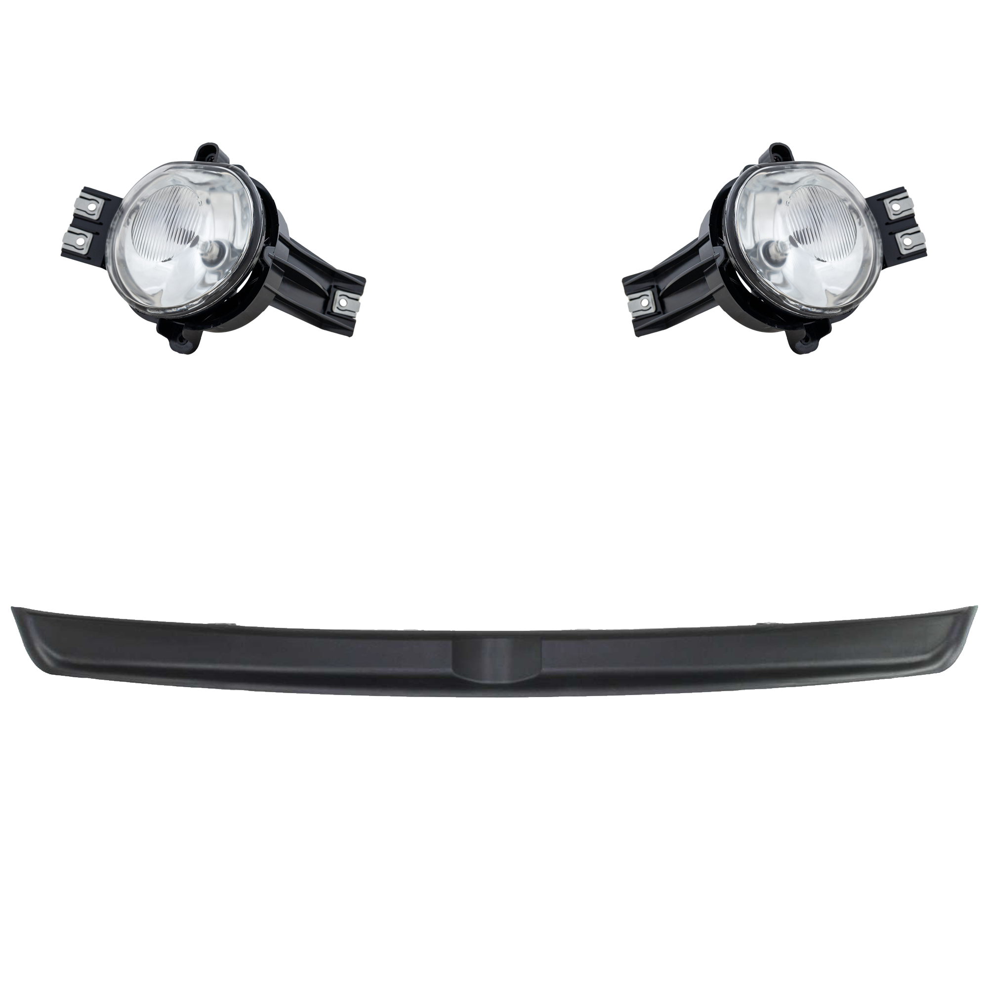 AM RAM 1500-03-08 RAM 3500-03-09 FRONT BUMPER MOLDING Black 1 pc Inner Filler w Steel Bumper w o Tow Hook Exc. Sport SRT Models 3 pc Kit with Fog Light SKU KIT 091523-367 Partslink CH1091101 CH2592121 CH2593121 OEM 55077896AC 55077475AE 55077474