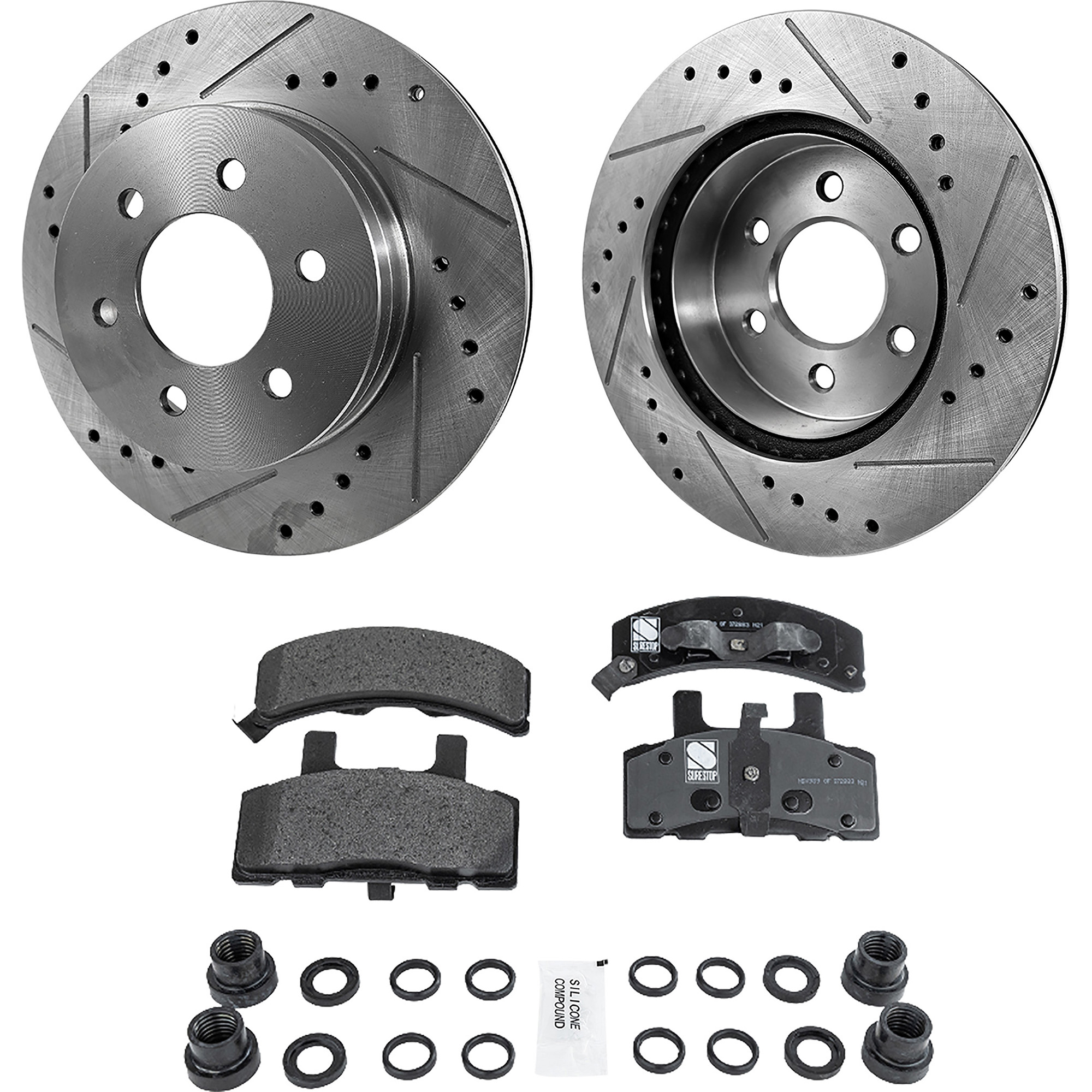 AM K2500-88-95 YUKON 92-96 FRONT BRAKE DISC AND PAD KIT 4 pc kit Cross drilled and Slotted SKU KIT 091622-05 OEM 444-5569-5597-5962-19801-27142