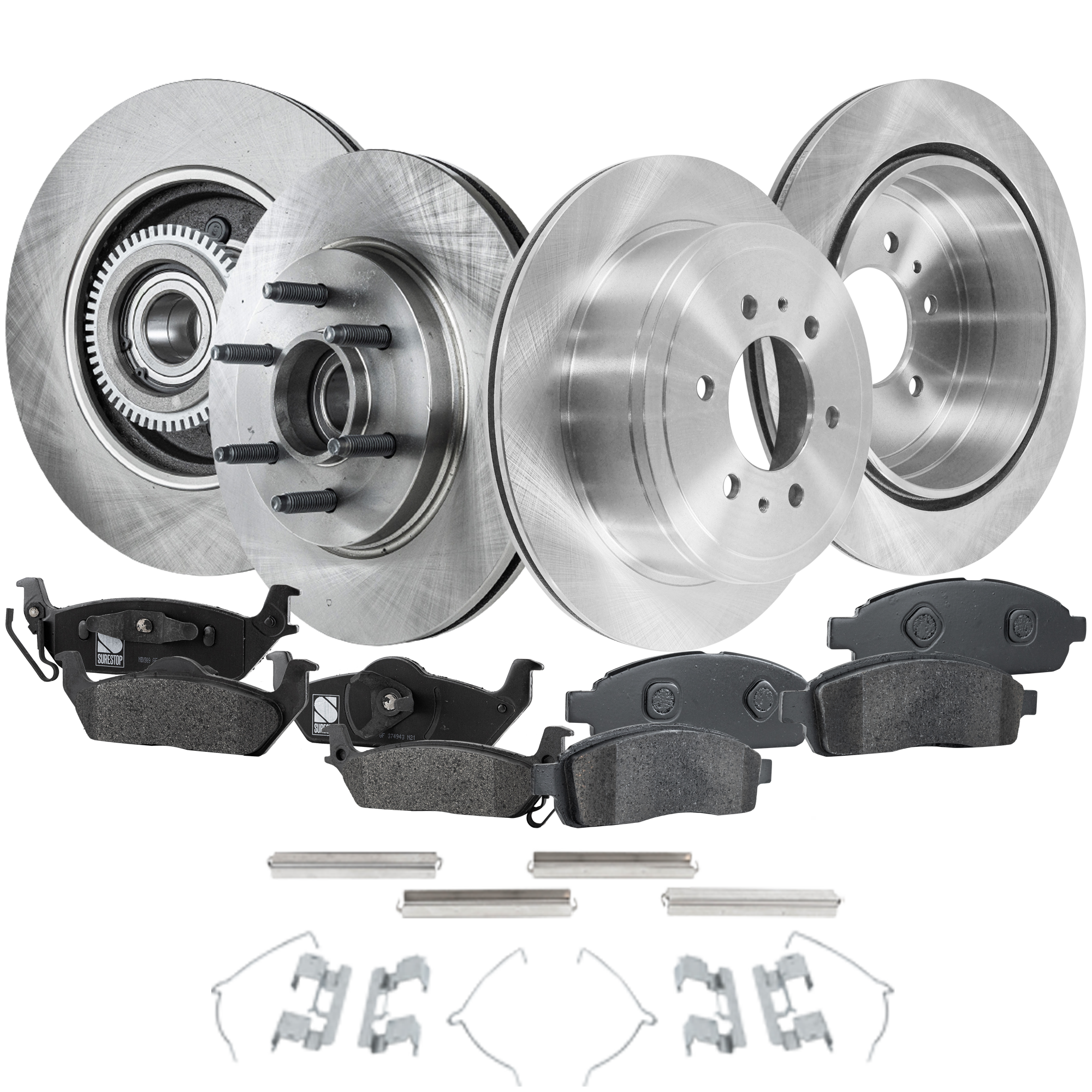 AM F 150-08-08 FRONT AND REAR BRAKE DISC AND PAD KIT 4 Wheel Set Plain Surface SKU KIT 091622-10 OEM 4L3Z1102AA 8L3Z1102A 5L3Z1102A