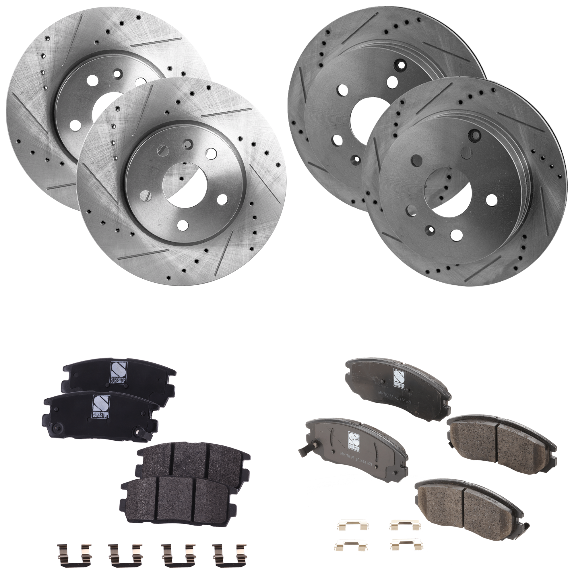 AM EQUINOX TERRAIN 10-17 FRONT AND REAR BRAKE DISC AND PAD KIT 8 pc kit Cross drilled and Slotted SKU KIT 091622-11 OEM 41260-55174-493112-850160-8862