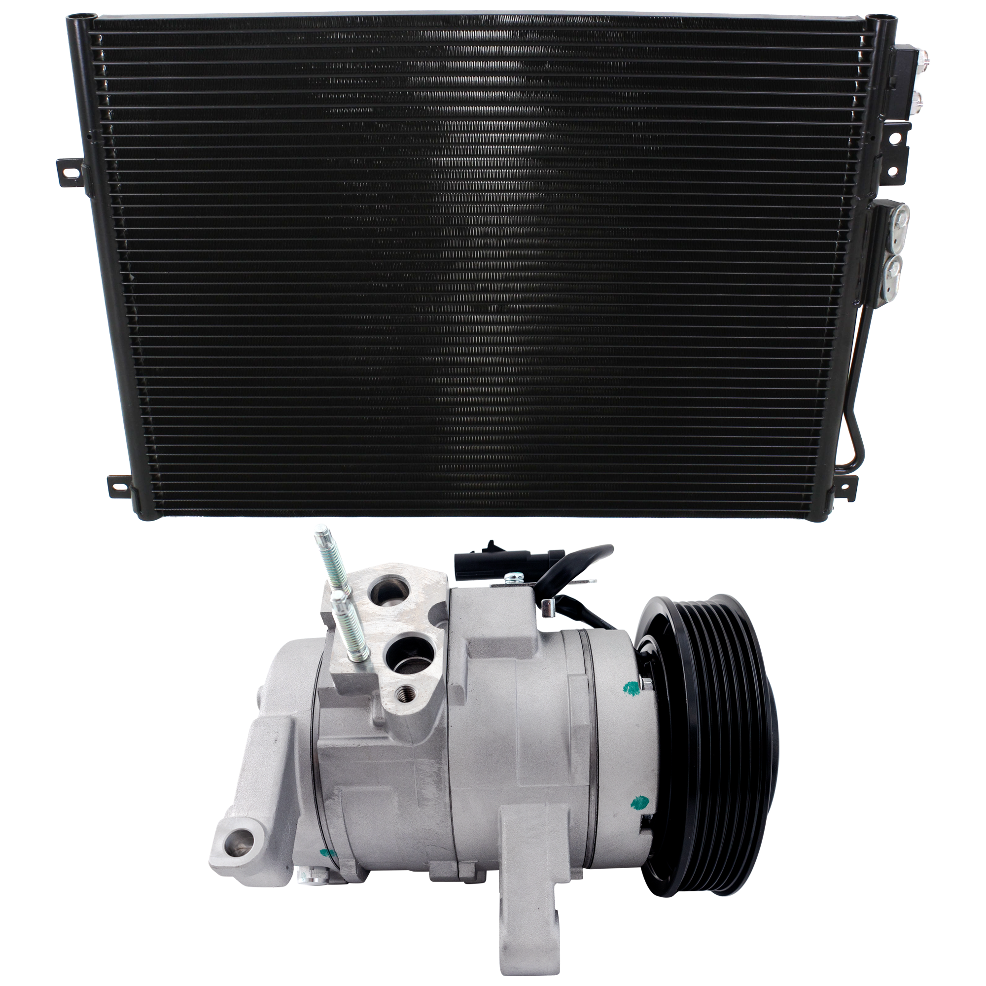 AM GRAND CHEROKEE 05-07 A C COMPRESSOR 2 pc Kit New w Clutch 6 Groove Pulley 3.7L 4.7L Eng. includes A C Condenser SKU KIT 091825-101 Partslink CH3030221 OEM 55116928AA
