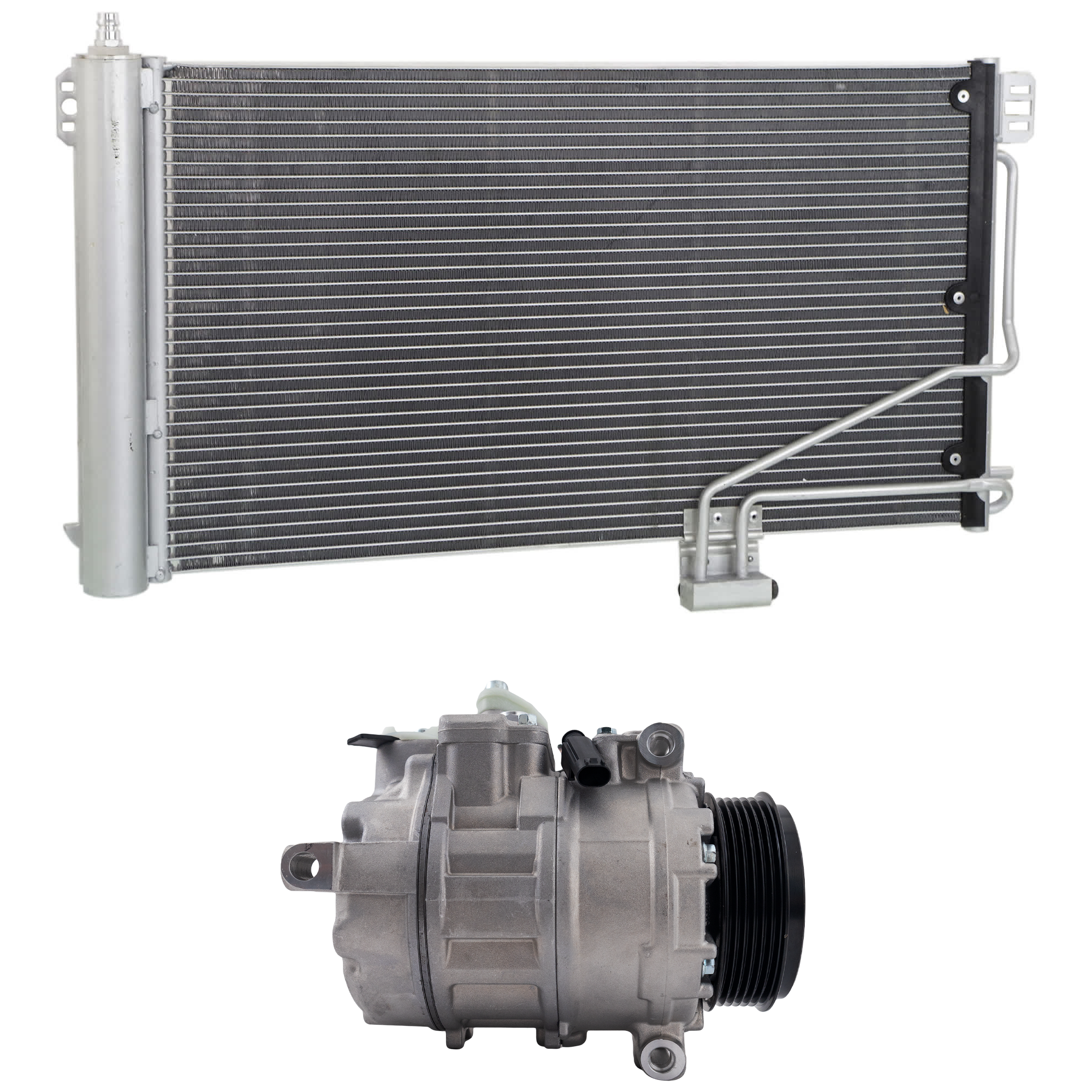 AM C240 C320-01-05 A C COMPRESSOR 2 pc Kit New w Clutch 6 Groove Pulley includes A C Condenser SKU KIT 091825-105 Partslink MB3030138 OEM 98356-275742-639834-813157-102