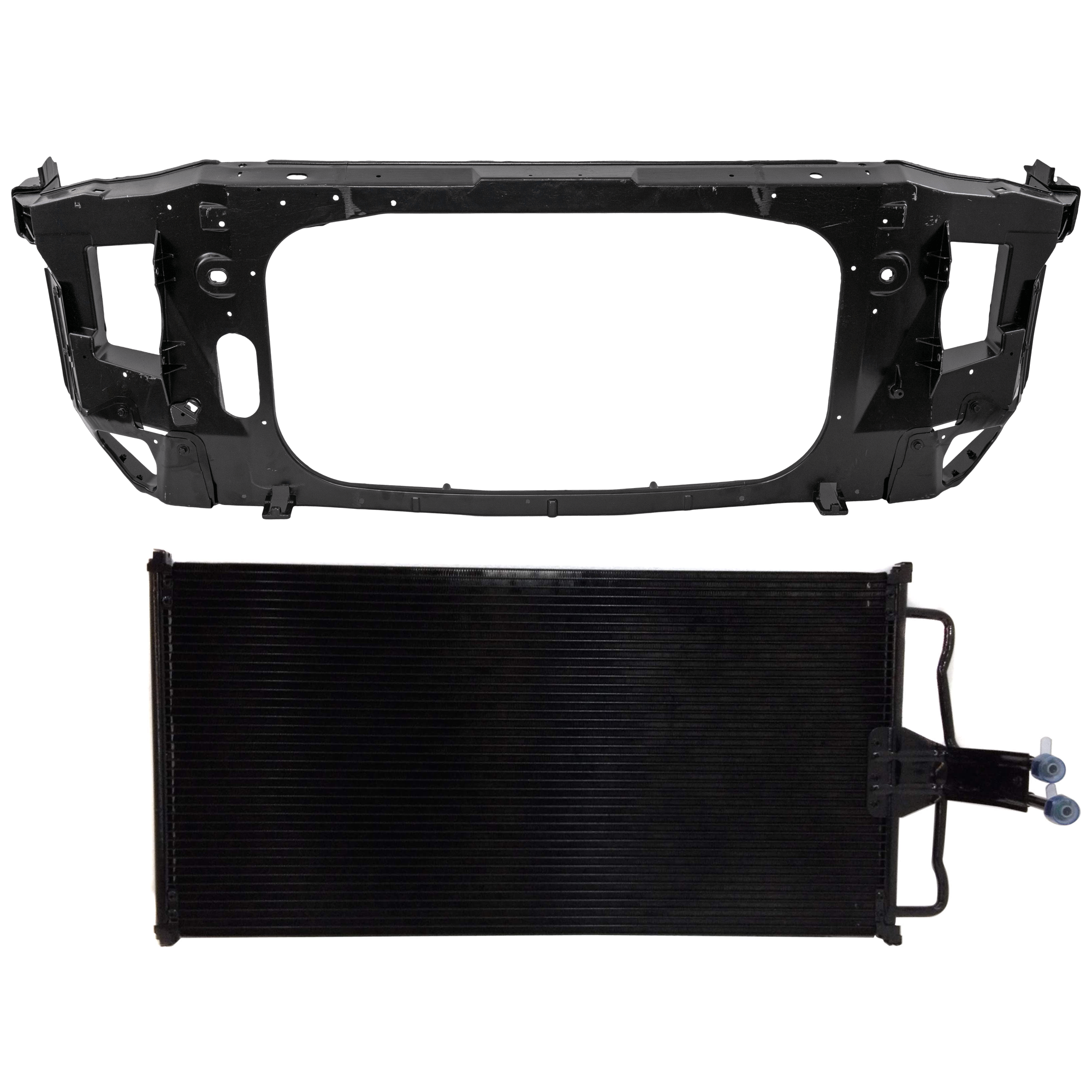 AM F 150-04-05 RADIATOR SUPPORT 2 pc Kit Assembly includes A C Condenser SKU KIT 091825-116 Partslink FO1225190 FO3030193 OEM 5L3Z16138BA 7L3Z19712A
