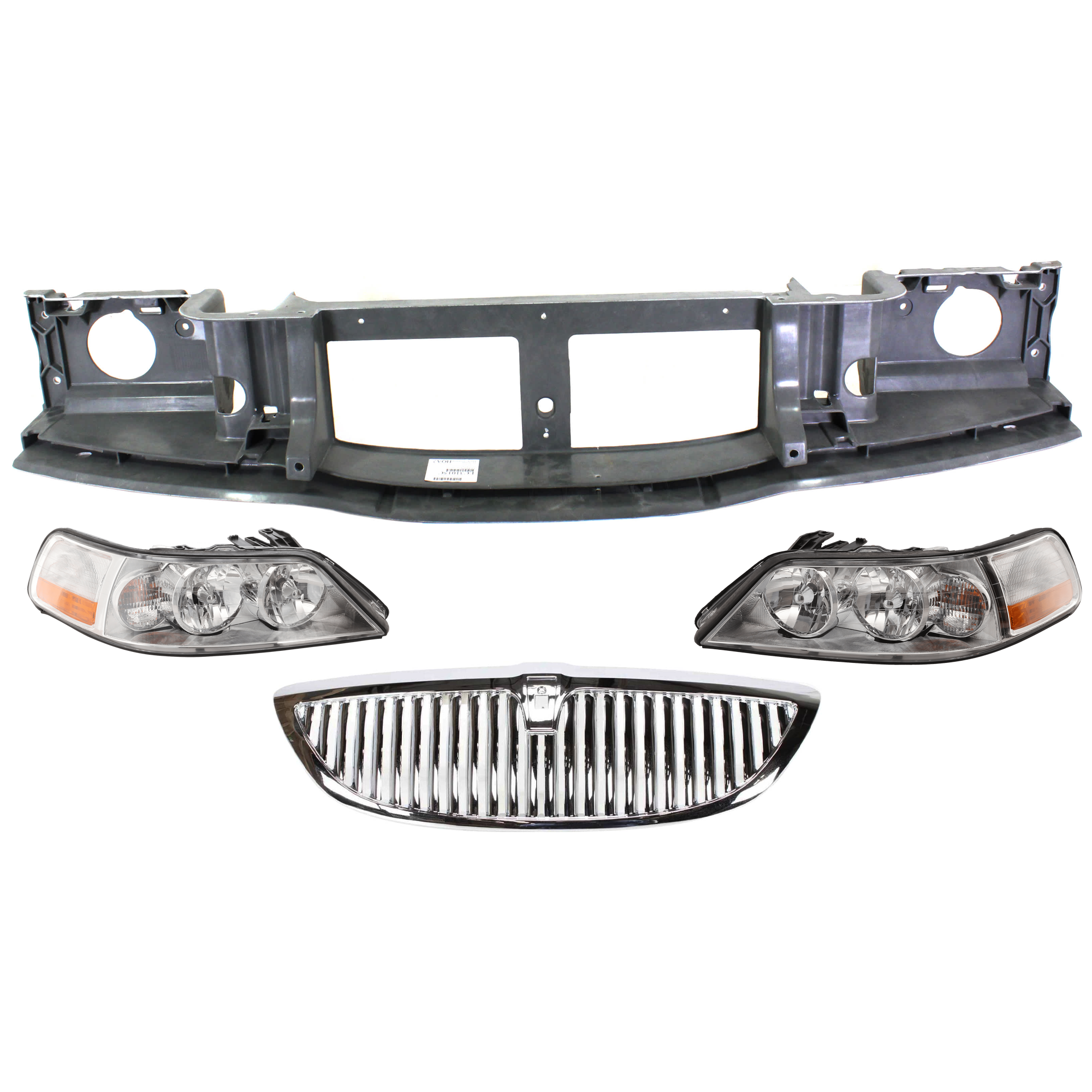 AM TOWN CAR 03-04 HEADER PANEL 4 pc Kit Front Panel Reinforcement Thermoplastic includes Grille and RH and LH Headlight SKU KIT 091825-164 Partslink FO1200403 FO2503184 FO2502184 OEM 6W1Z8200AA 4W1Z13008AA 4W1Z130