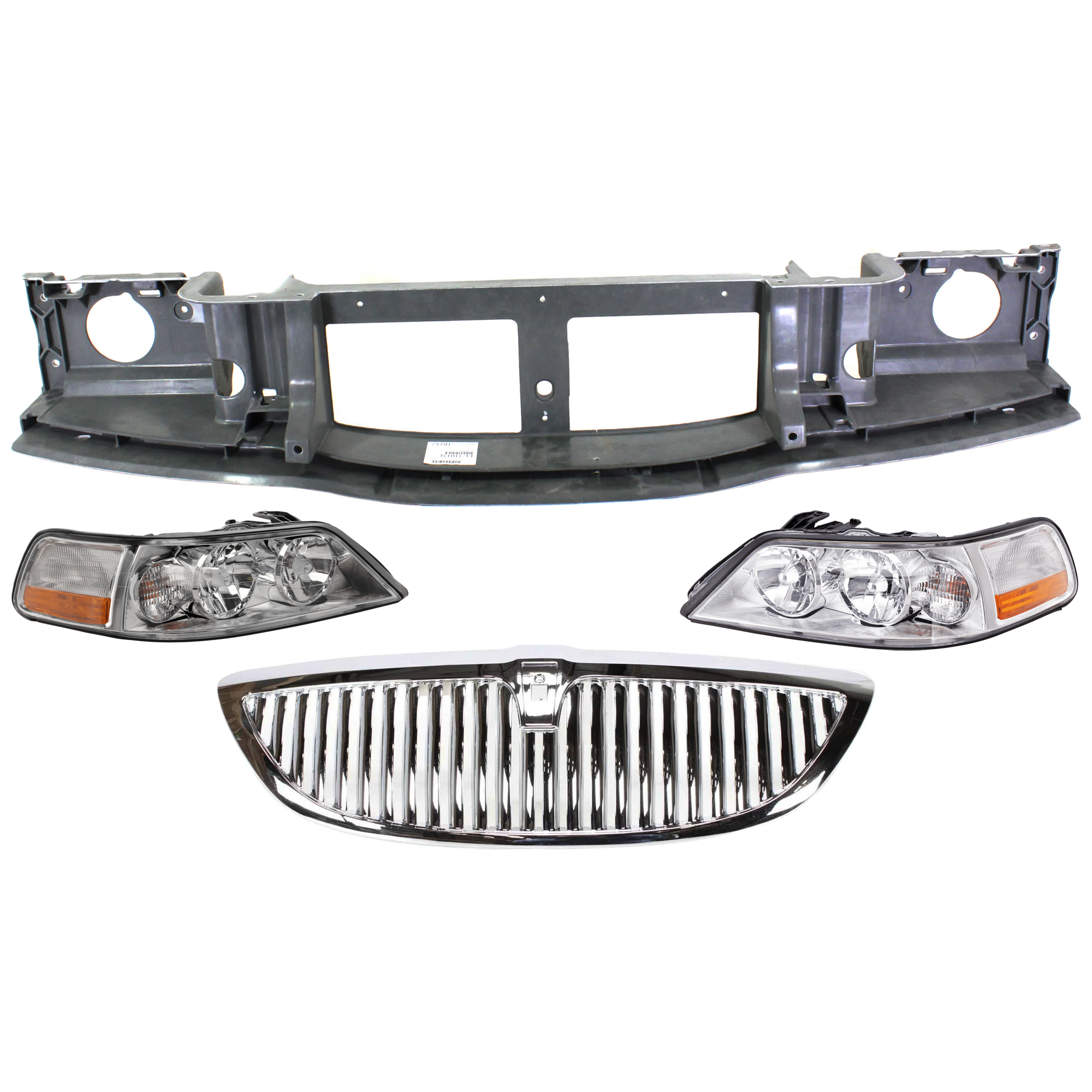 AM TOWN CAR 05-11 HEADER PANEL 4 pc Kit Front Panel Reinforcement Thermoplastic includes Grille and RH and LH Headlight SKU KIT 091825-165 Partslink FO1200403 FO2503214 FO2502214 OEM 6W1Z8200AA 6W1Z13008AA 6W1Z130