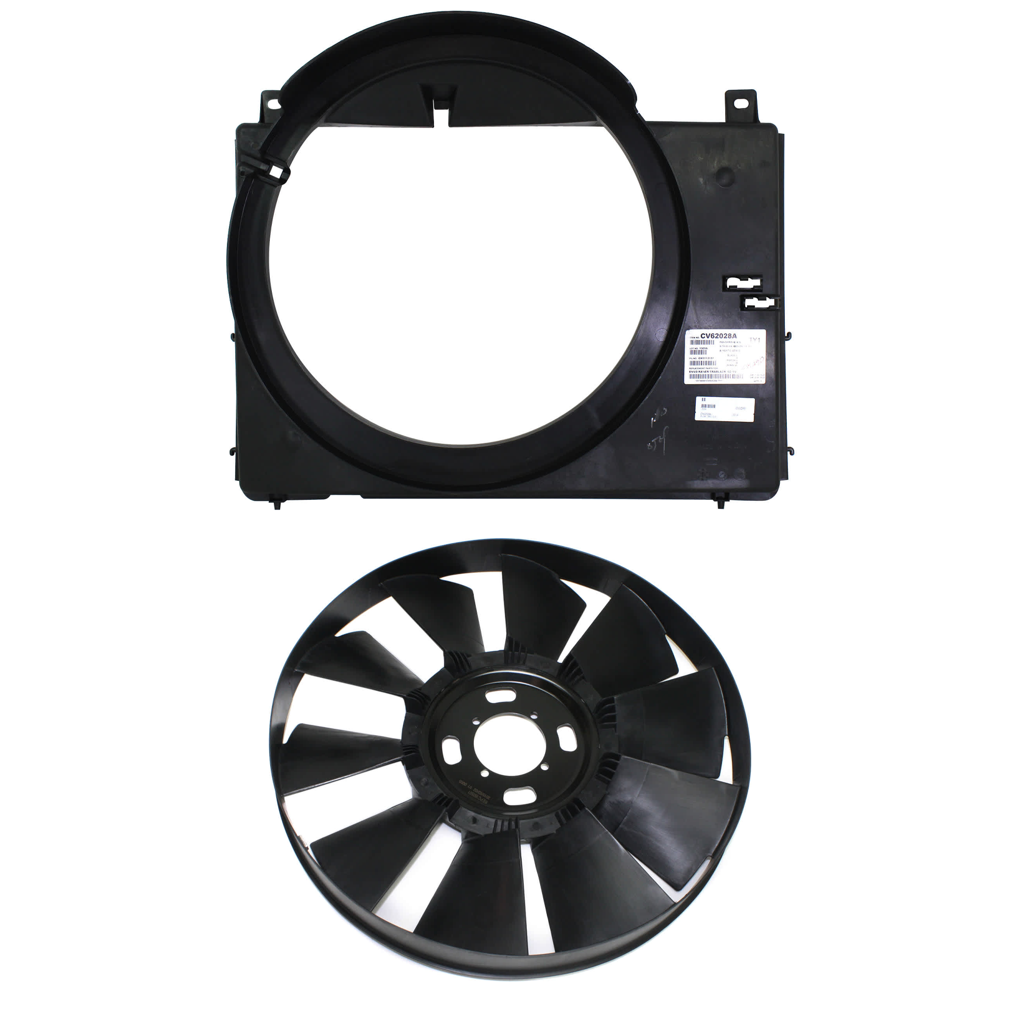 AM ENVOY TRAILBLAZER 02-09 RADIATOR FAN SHROUD 2 pc Kit 4.2L Eng. includes Radiator Fan Blade SKU KIT 091825-169 Partslink GM3112117 OEM 15229250